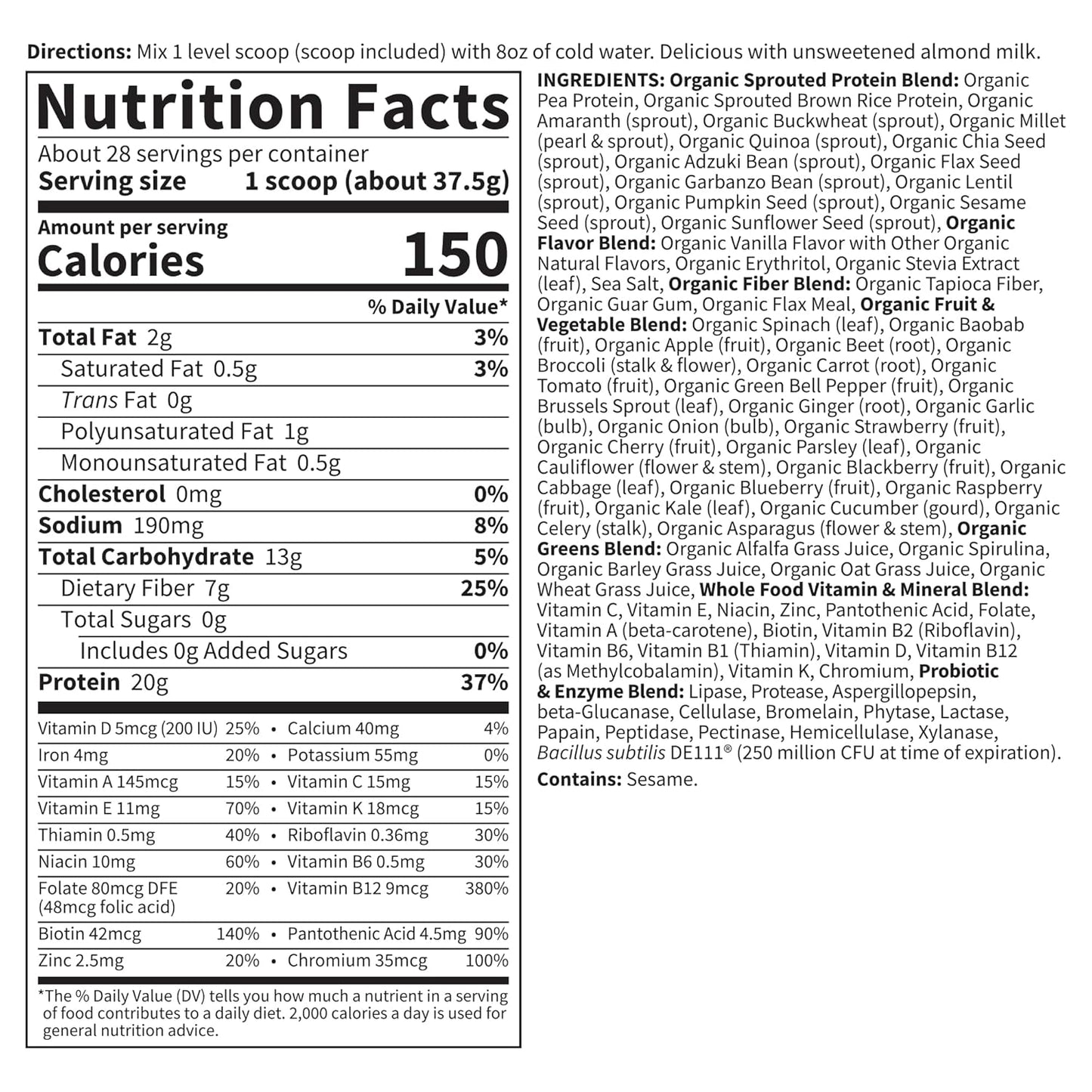 Garden of Life Meal Replacement Shakes, Raw Organic, Vanilla Protein Powder with Plant Based Pea Protein, Sprouts, Greens, Probiotics, Dairy Free 28 Servings