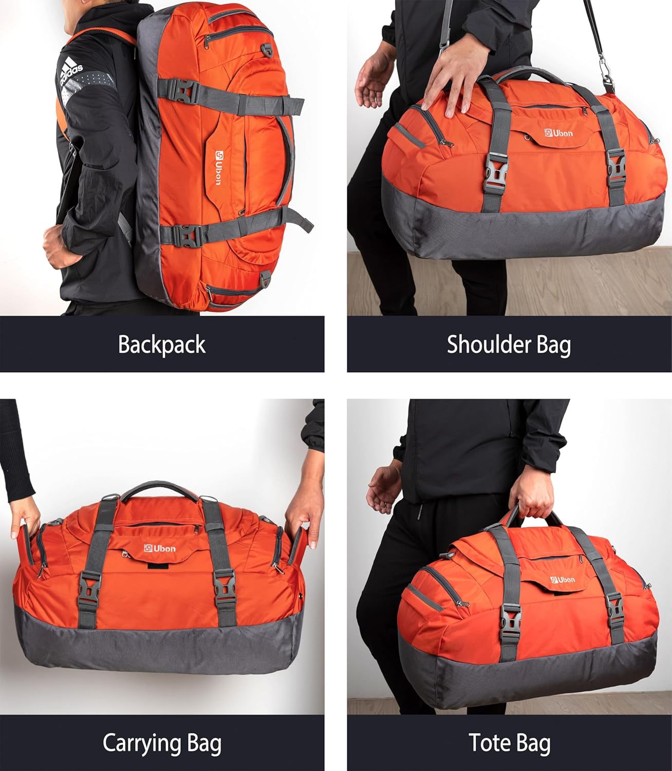 Ubon Large Duffel Bag Weekender Bags with Shoe Compartments 4-Way Sports Gym Backpack with Padded Straps Camping Traveling Duffle Bag