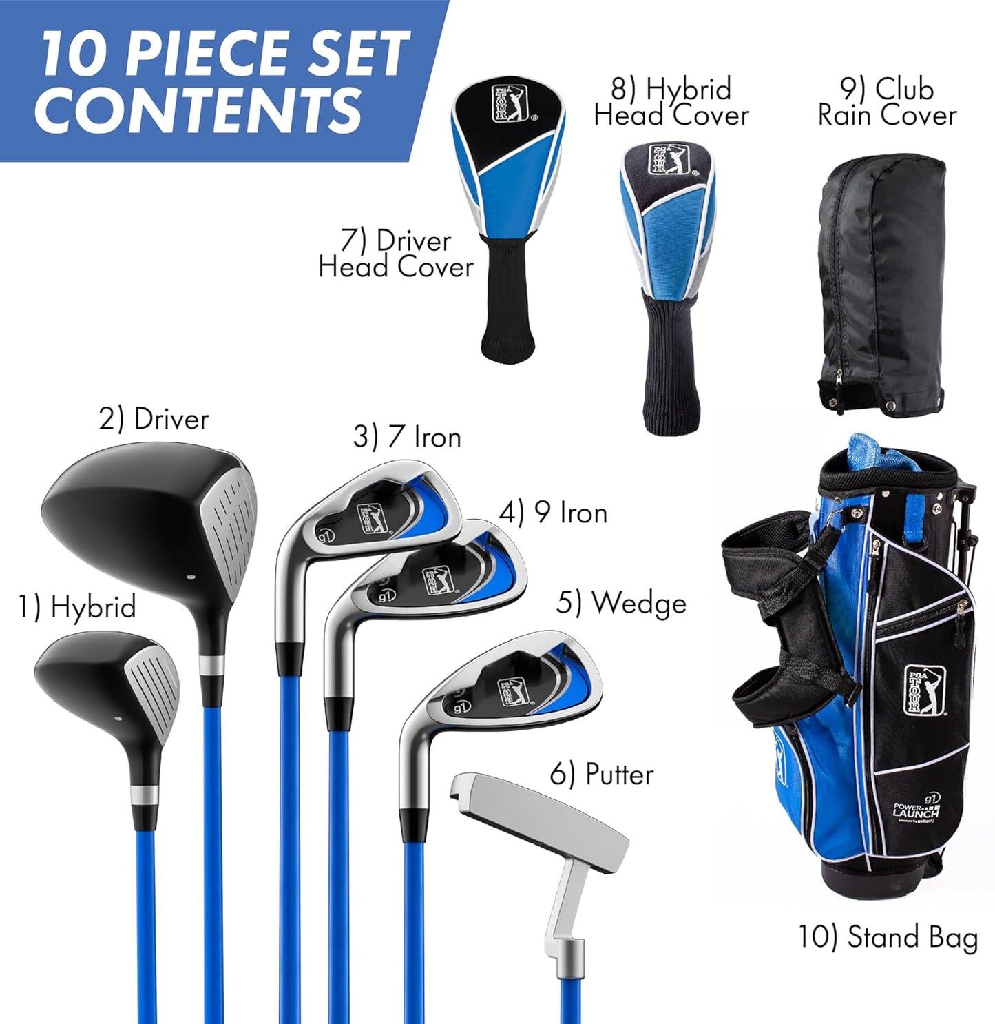 PGA TOUR Youth Golf Club Set for Ages 8-12 (4’8”-5’2”) and 12+ (5’2”+), Right and Left-Handed Kids Golf Sets – Beginner Junior Golf Clubs with Lightweight Stand Bag, Mallet Putter, Hybrid, Driver