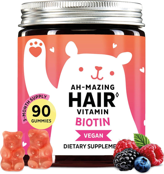 Biotin Gummies for Hair, Skin & Nails. 5,000 mcg High Potency Vegan Vitamins for Faster Hair Growth, Stronger Nails & Healthy Skin. with Vitamins C & E, 90 Gummies