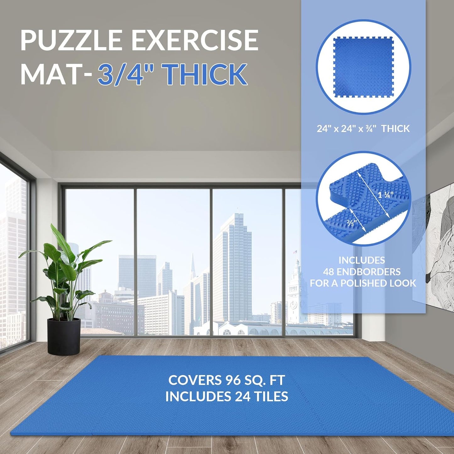 Puzzle Exercise Gym Flooring Mat, 3/4" Thick High-Density EVA Interlocking Tiles, Workout Mat for Home Gym, Fitness Equipment, MMA, Gymnastics, 24-Piece Shock-Absorbing Exercise Mat (96 Sq Ft)