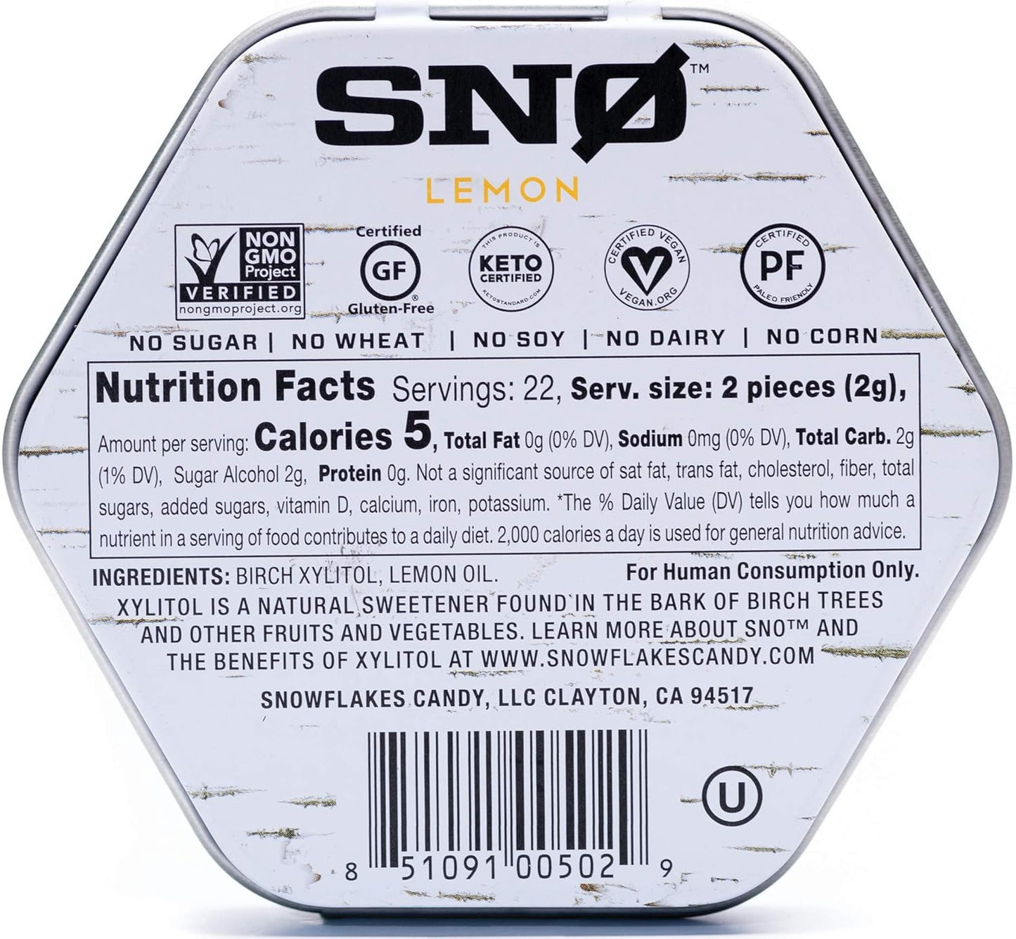 Lemon KETO Xylitol Candy Chips - SNØ 1.5oz Tin - Sugar-Free Candy With Only 2 Ingredients | Low Carbs, Diabetic-Friendly, Non-GMO, Vegan, GF & Kosher | Purest candy in the world!