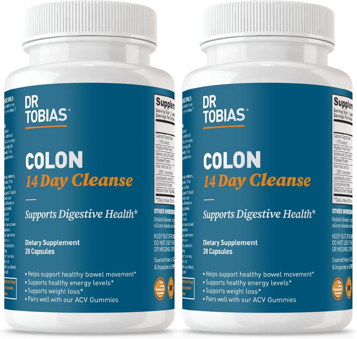 Dr. Tobias Colon 14 Day Cleanse, Advanced Gut Cleanse Detox for Women & Men with Cascara Sagrada, Psyllium Husk, Senna Leaf & Probiotics, Non-GMO Colon Cleanse, 2 Bottles of 28 Capsules (1-2 Daily)