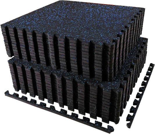 AIRHOP 0.56in Thick 96 Sq Ft Exercise Equipment Mats, 24Tiles Upgraded Rubber Top with High Density EVA Foam, Large Interlocking Puzzle Gym Flooring for Home Gym, Heavy Weight Workout, Black & Blue