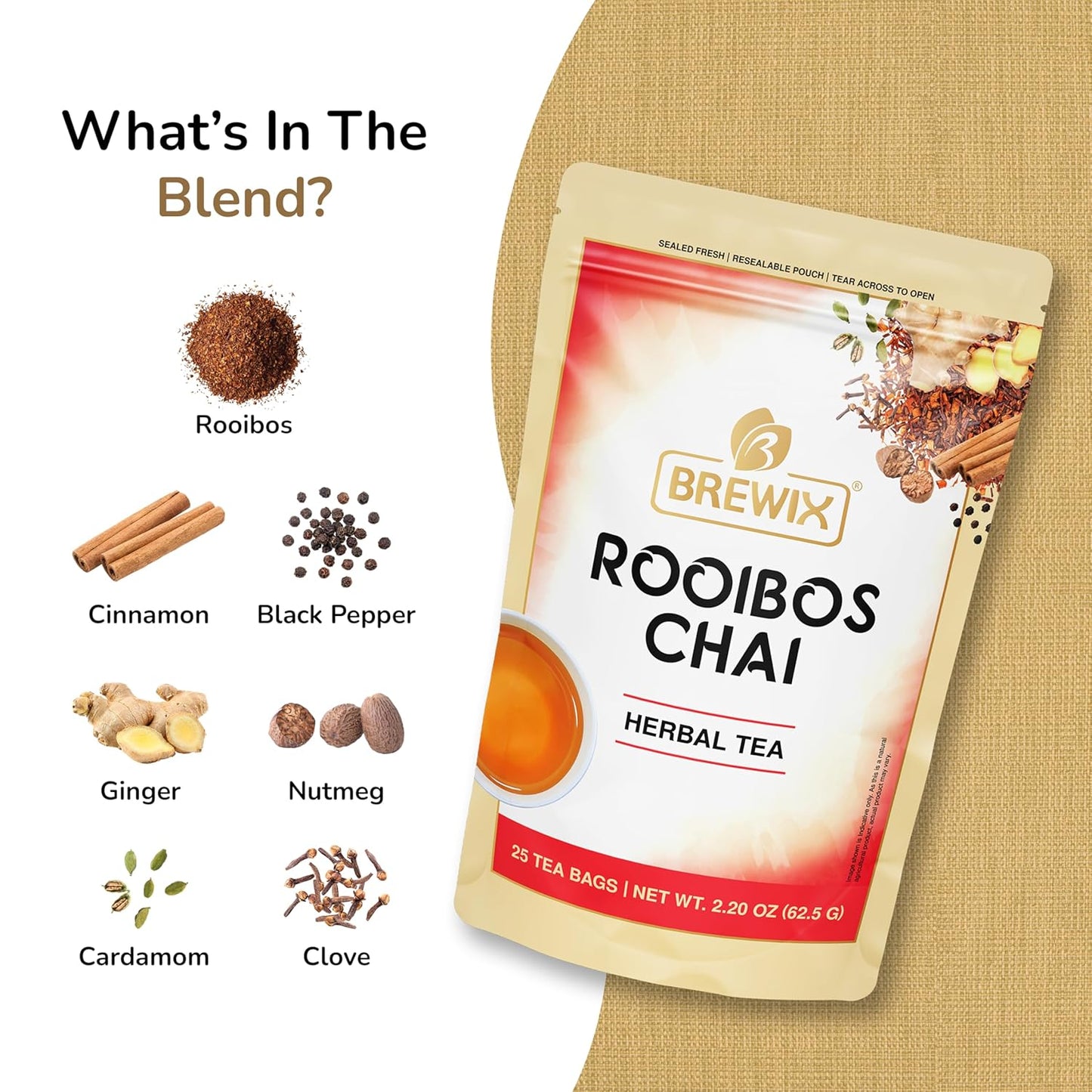 BREWIX, Rooibos Chai Tea Bags (25 Pyramid Tea Bags) Caffeine-Free, Herbal Tea, South African Red Tea | Rooibos, Cardamom, Cinnamon, Black Pepper, Nutmeg, Ginger & Clove
