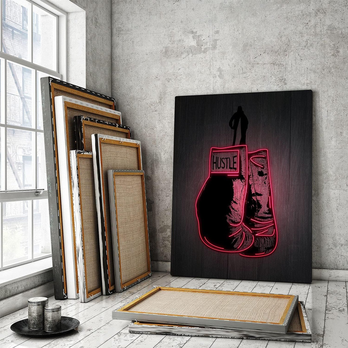Boxing Gloves Neon Canvas Print Motivational Canvas Print Wall Art Office Decor, Entrepreneur Motivation, Hustle Artwork, Boxing Neon Print, Fighter Gym Sign, Hustler Art Neon Sign (18" x 12")