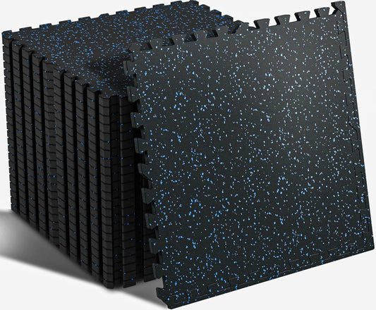 SUPERJARE 0.56'' Thick 24 Pcs 96 Sq Ft Rubber Top Exercise Equipment Mats, High Density EVA Foam Mats with Rubber Top, Interlocking Gym Flooring for Home Gym, Protective Workout Mat, Black/Blue