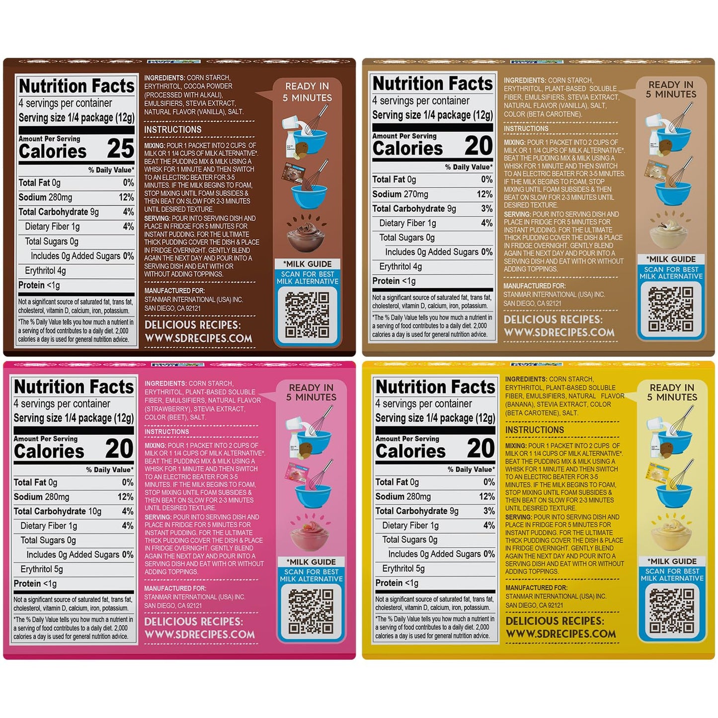 Simply Desserts Vanilla, Strawberry, Banana & Chocolate Instant Pudding, Sugar-Free, Variety 12-Pack – Gluten-Free Dessert, Keto Snacks, Diabetic Friendly & Kosher, 1.7 Oz Ea