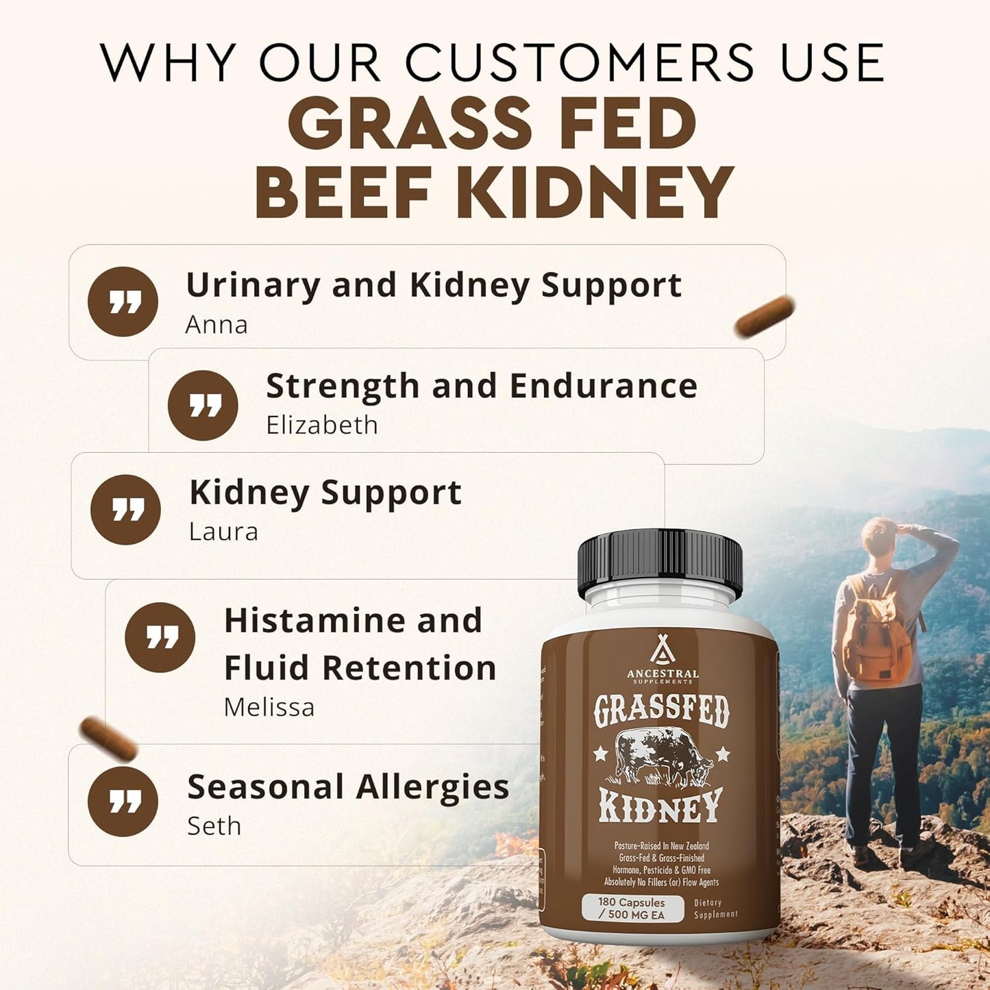 Ancestral Supplements Grass Fed Beef Kidney Supplement, 3000mg, DAO Enzyme Supplement, Kidney Support for Urinary and Histamine Health, Selenium, B12, Non GMO, 180 Capsules