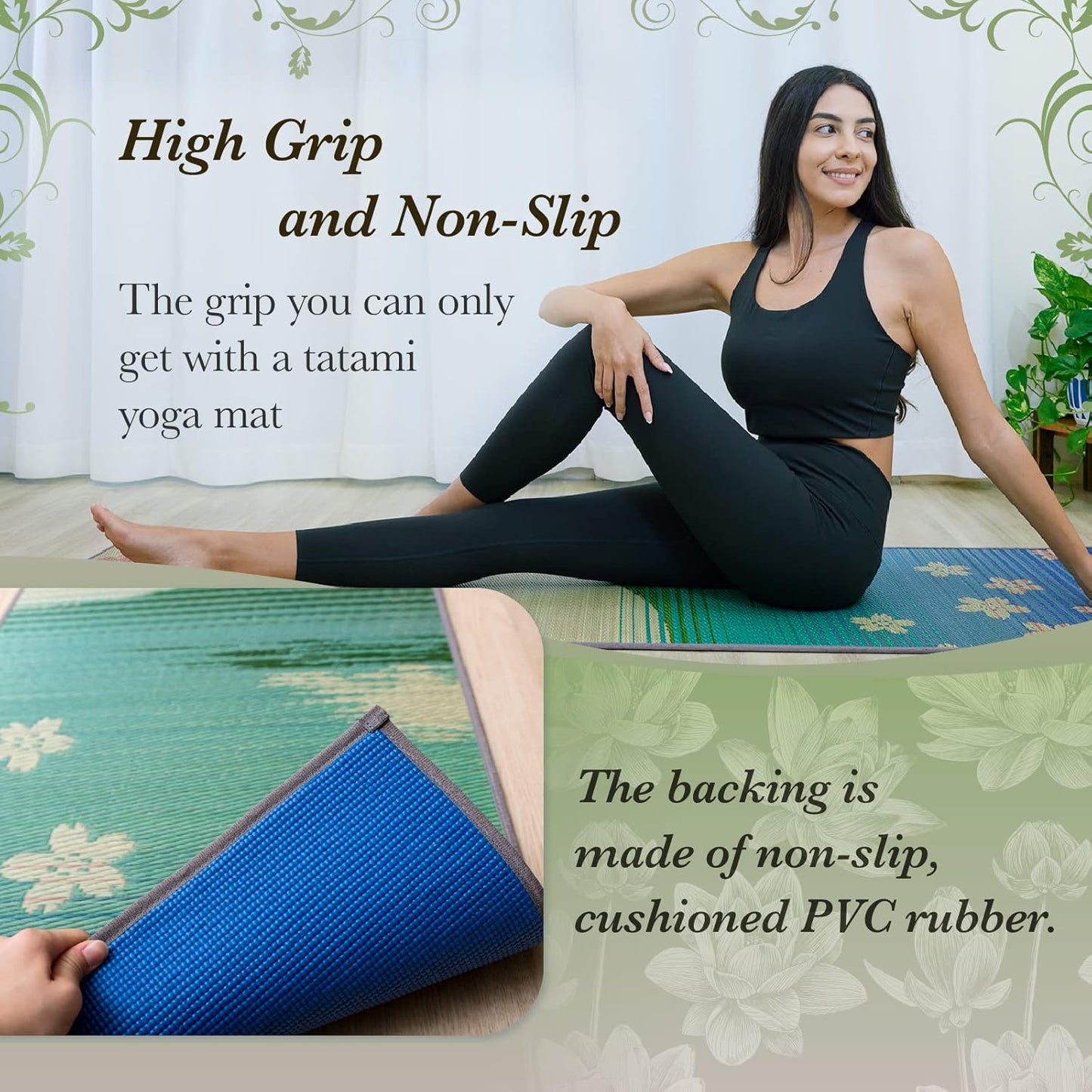 FULI Japanese Tatami Yoga Mat, Igusa Mat, Non Slip Exercise & Fitness Mats, Pilates & Floor Workouts, Made in Japan (1/4" Thick)