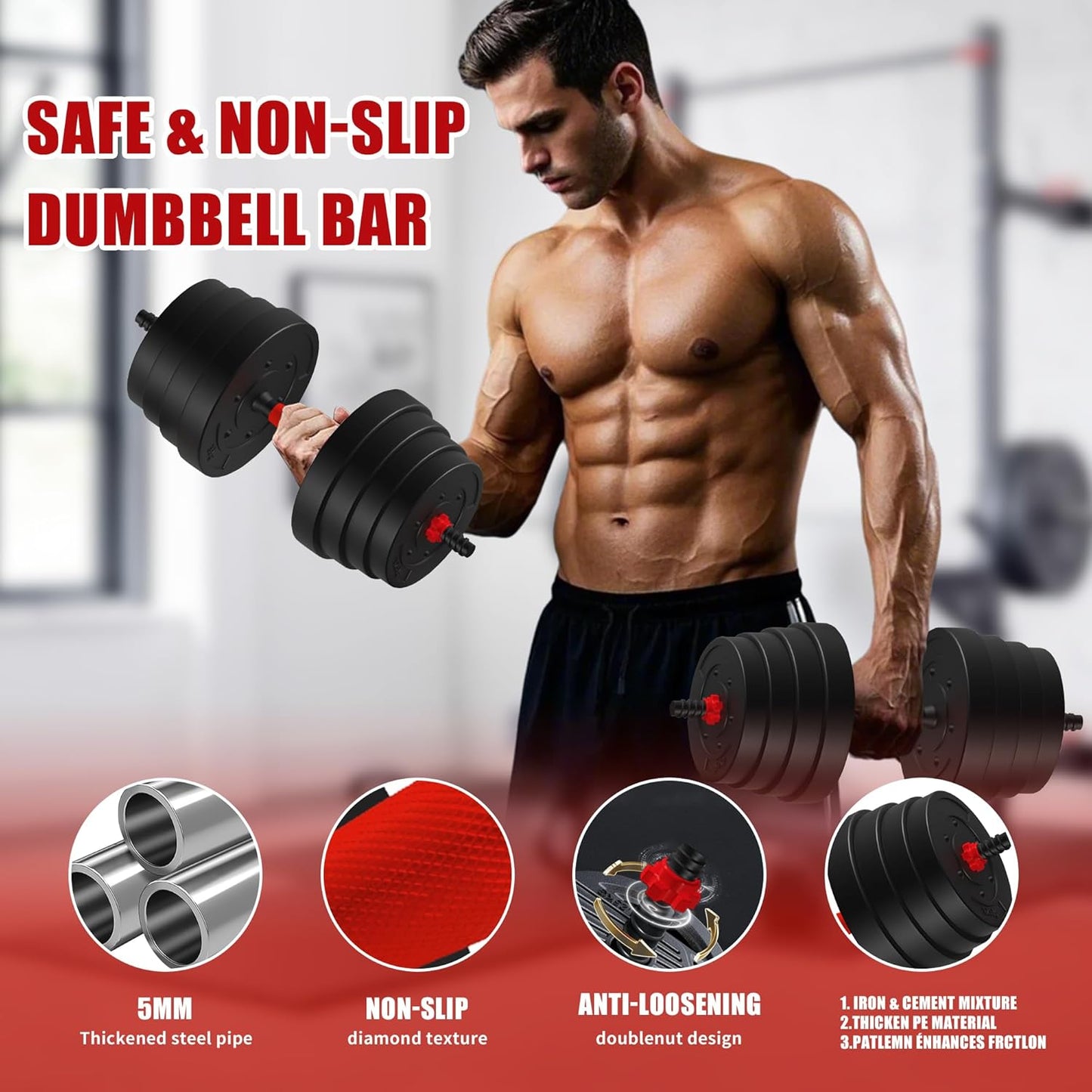 90 LB/75 LB/45 LB/25 LB Adjustable Dumbbells 4-in-1 Dumbbells Set Free Weight Set with Connector – Convert to Barbell, Kettlebell & Push-Up Stands | Interchangeable Weight Plates, Non-Slip Grips for Home Gym