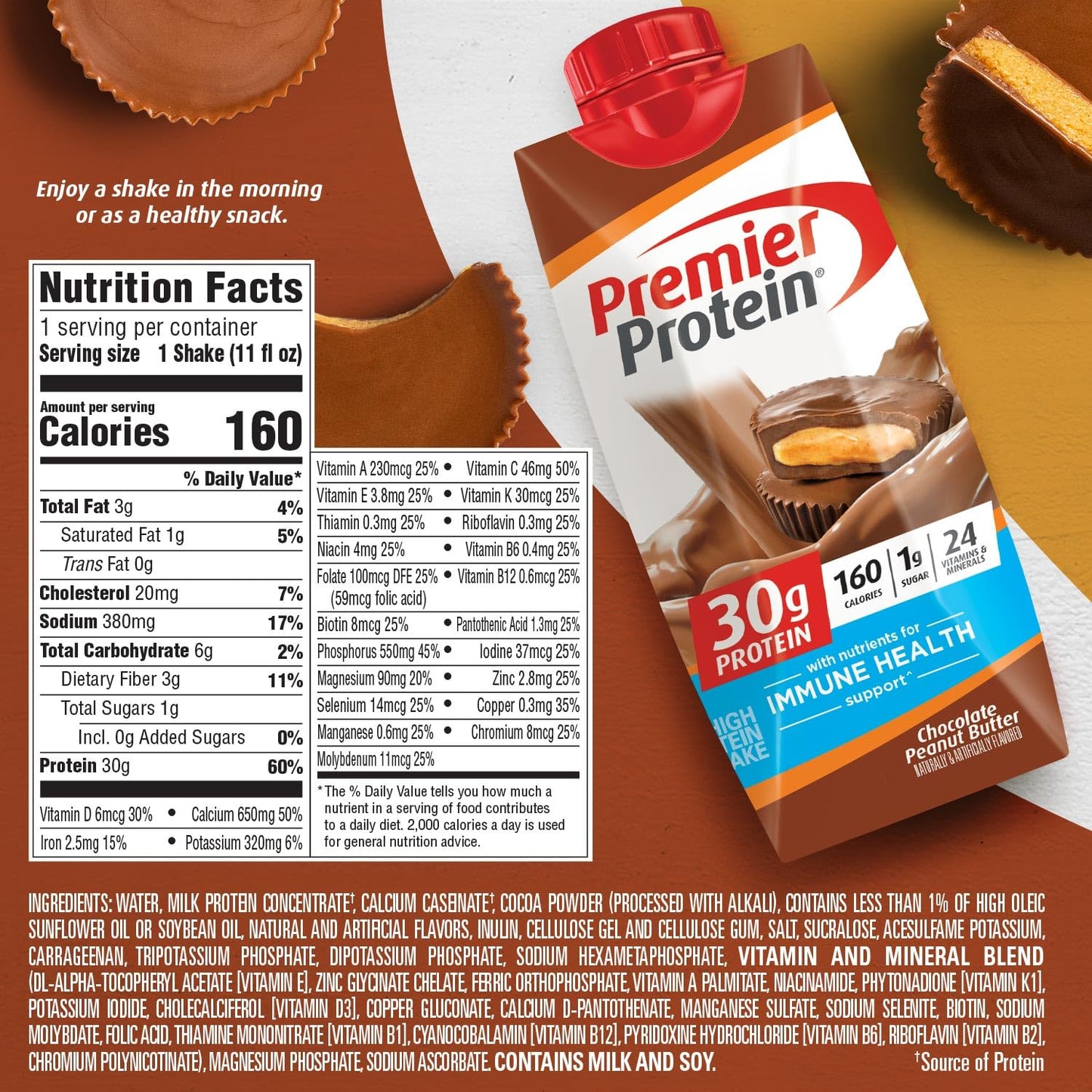 Premier Protein Protein Shake, Chocolate Peanut Butter, 30g Protein, 1g Sugar, 11 fl oz Pack of 12