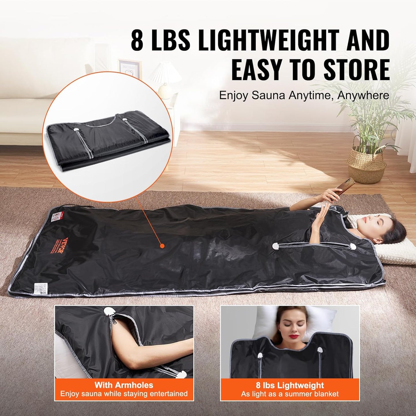 VEVOR Sauna Blanket, Compact Infrared Home Sauna with Oxford Fabric, Features Arm Openings & Carbon Fiber Warmers, Temp Settings 95-176℉, Timer 5-60 Mins, 75x35 inches