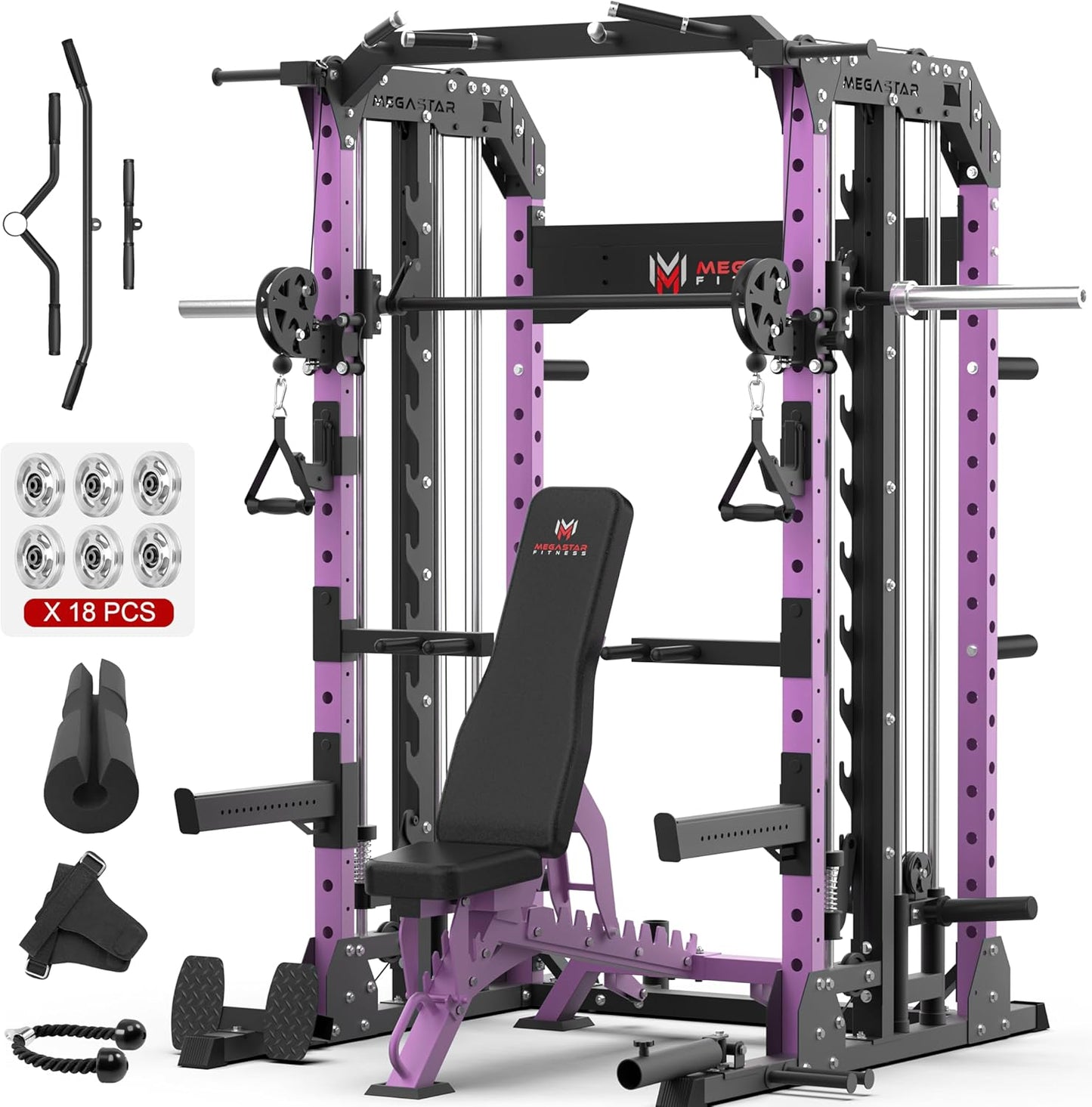 Smith Machine Home Gym with Aluminum Pulley Set- 2000lbs Capacity All-in-One Power Rack with Cable Crossover, Pull-Up Bar & Dip Station, Includes 18 Attachments, P107 Anvil
