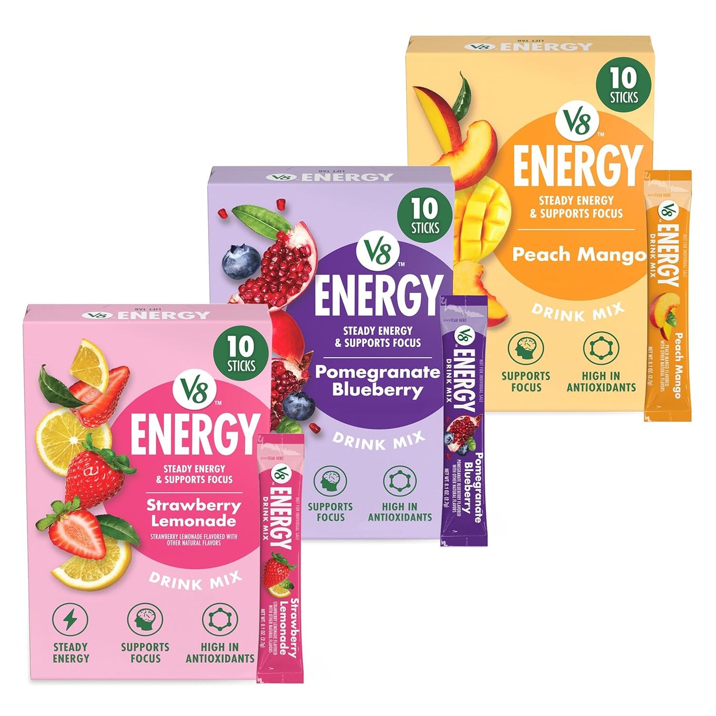 Bundle of V8 Energy Strawberry Lemonade, Peach Mango, & Pomegranate Blueberry Energy Drink Powder, .10 oz Packet (30 Count)