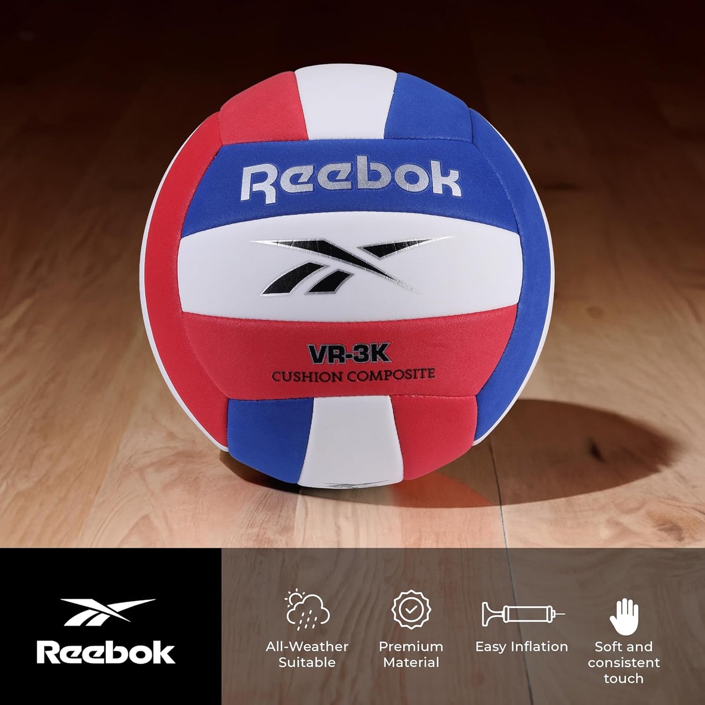 Reebok Recreational Volleyball, Official Size, Performance Composite Ball, Ultra Soft Feel, Includes Pump & Needle, VR-3K Series