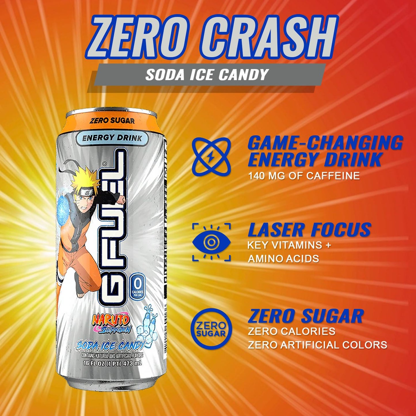 G Fuel Energy Drink, Lemon Lime Slushie, Sugar Free Beverage with 140mg Caffeine, Daily Energy Boost with Focus Amino, Vitamin + Antioxidants, 16 oz Cans (Naruto Shippuden, 12-Pack)