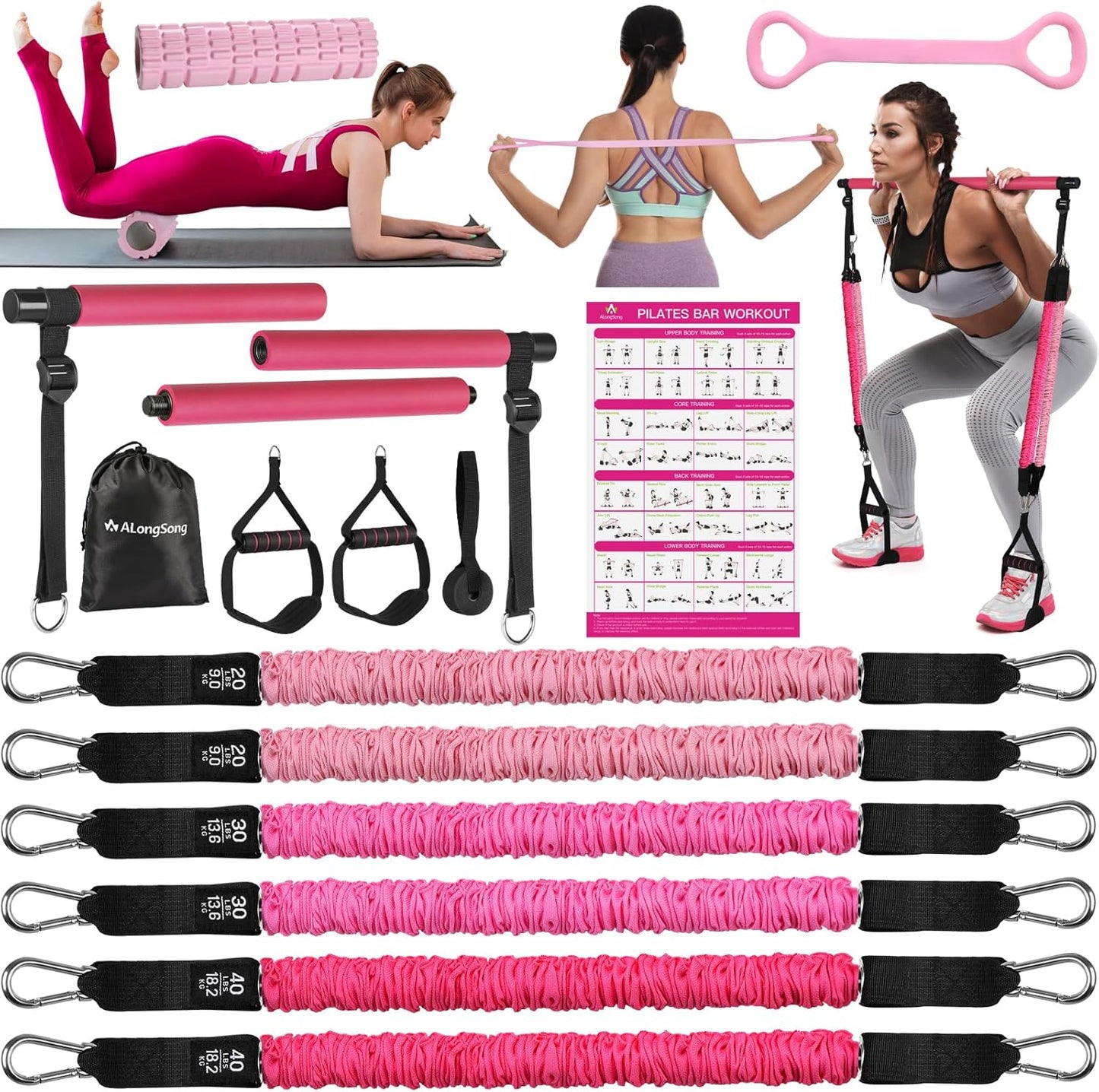 Upgraded Pilates Bar Kit with Resistance Bands Natural Latex for Women & Men, Heavy-Duty Stainless Steel Multifunctional Yoga Pilates Stick for Home Gym Exercise Fitness Equipment Full-Body Workouts