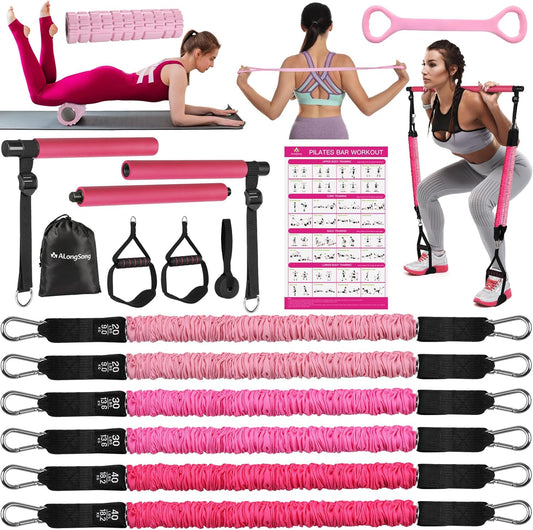 Upgraded Pilates Bar Kit with Resistance Bands Natural Latex for Women & Men, Heavy-Duty Stainless Steel Multifunctional Yoga Pilates Stick for Home Gym Exercise Fitness Equipment Full-Body Workouts