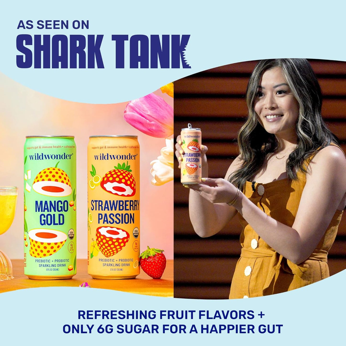 wildwonder Sparkling Probiotic Drink 12pk, For Gut Health & Immune Support, Guava Rose, 5g Prebiotic Fiber, Live Probiotics, Organic, Vegan, Low Sugar, 12 Pack, 12oz Can, As Seen on Shark Tank