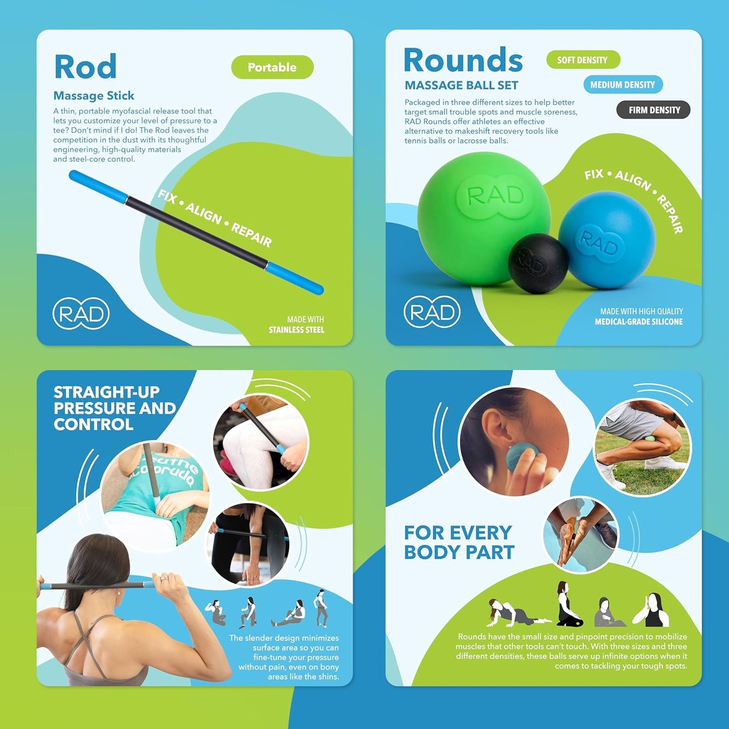 RAD All-in Complete Myofascial Release and Muscle Recovery Set - Includes Exercise Foam Rollers, Multi-Use Yoga Block, Peanut & Massage Balls, Neuro Ball Foot Roller, and Massage Stick