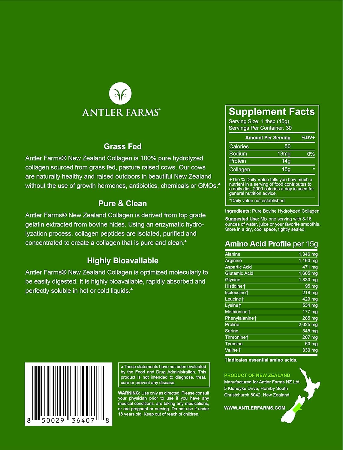 Antler Farms - 100% Pure New Zealand Collagen Powder from Grass Fed Cows, Unflavored, 1 lb - Hydrolyzed Cold Water Soluble Peptides, Keto Friendly, Bioavailable, Quick Dissolving