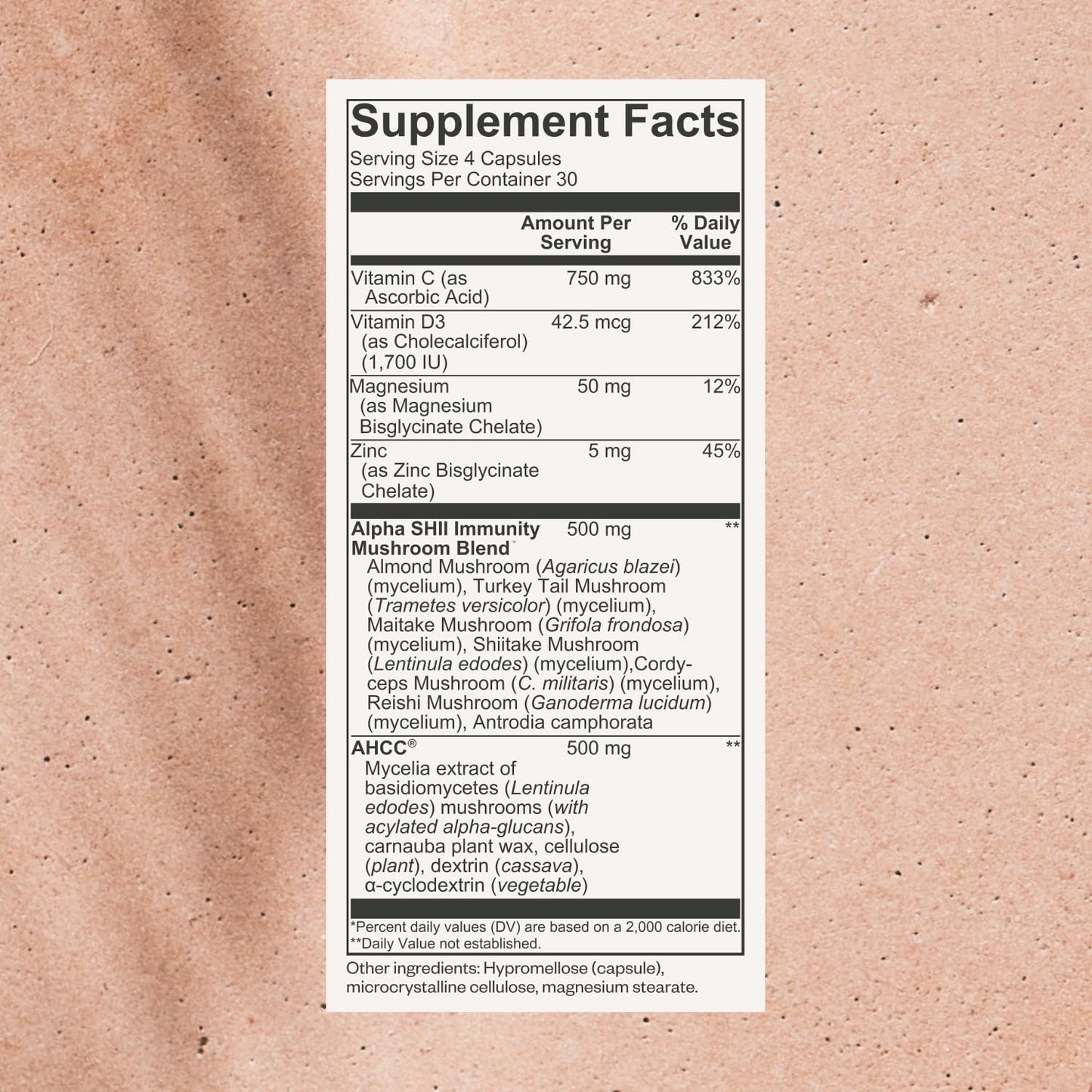 SHII Advanced Daily Immune Support Supplement, 500mg AHCC per Serving, AHCC Supplement with Vitamin D3, Vitamin C, and Zinc, Vegan, Gluten Free, Sugar Free, 120 Mushroom Capsules