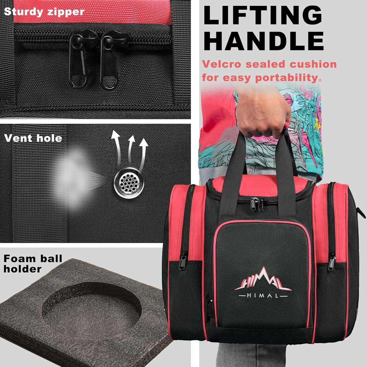 Himal Bowling Ball Bag for Single Sphere - Bowling Ball Tote Bowler's Bag with Padded Sphere Holder - Fits Bowler's Shoes Up to Mens Size 14