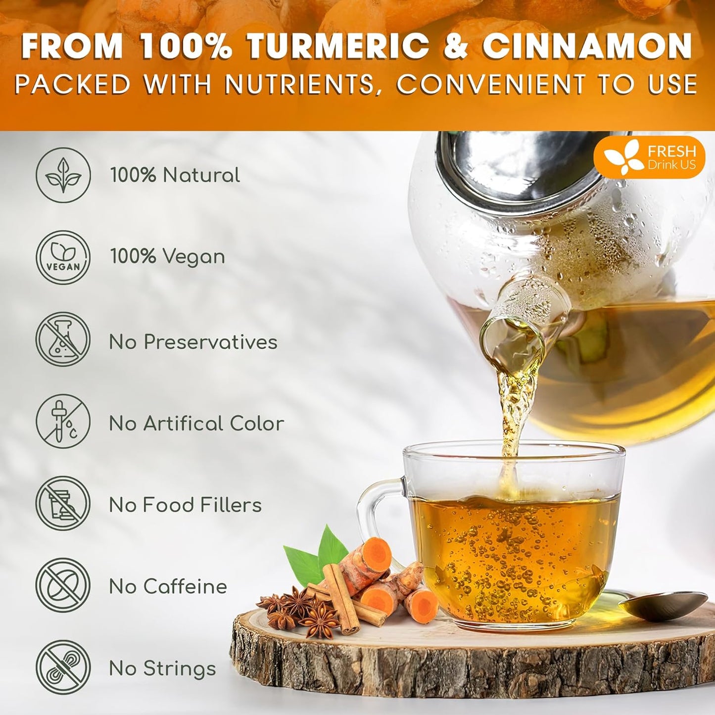 FreshDrinkUS, Premium 75 Turmeric Cinnamon Tea Bags, 100% Natural, Blend of Turmeric, and Cinnamon. Made with Natural Material Tea Bags. No Sugar. No Caffeine. Vegan.