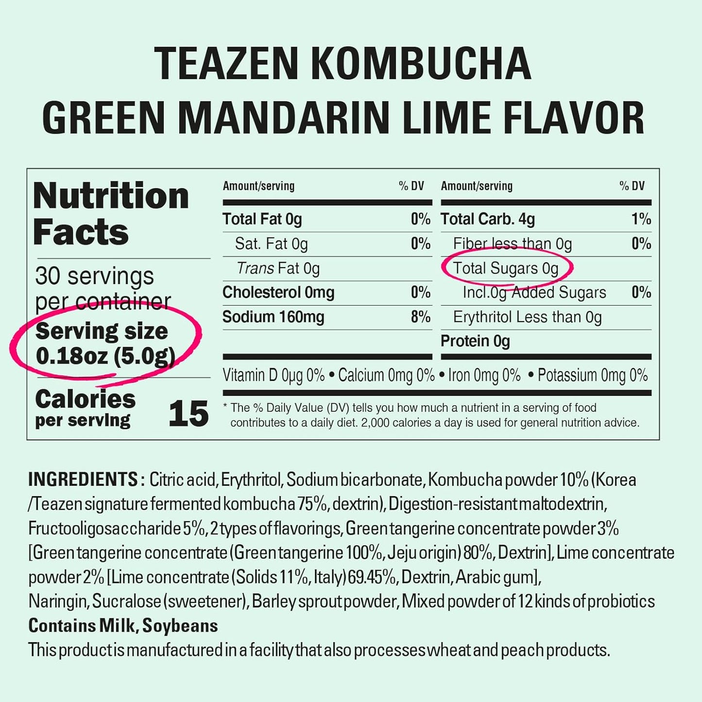TEAZEN Green Mandarin Lime Kombucha Tea, Hydration Drink Mix, Sugar Free, Live Probiotics & Prebiotics, 30 Sticks, 5.29oz