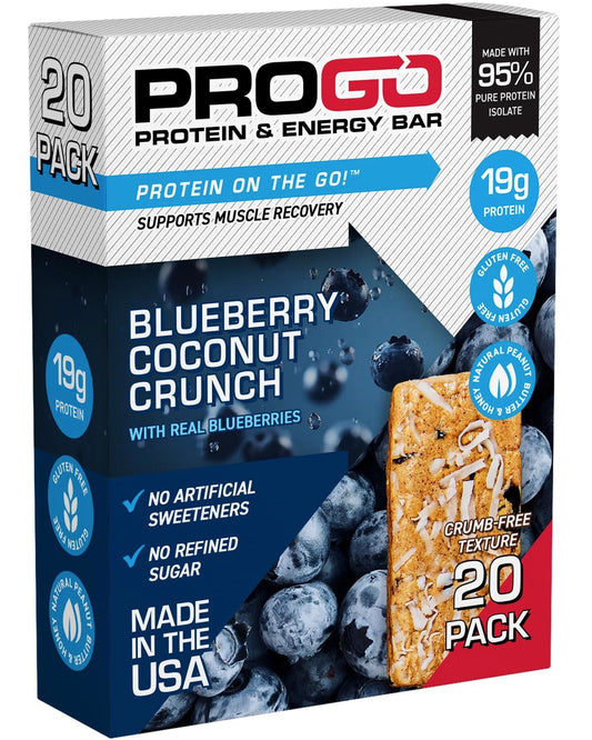 ProGo Protein Bars, Low Sugar, High Protein Snacks (19g) - 95% Pure Isolate for Faster Muscle Growth & Recovery, Low Calorie, Sweetened w/Peanut Butter & Honey (20-Count, Blueberry Coconut)