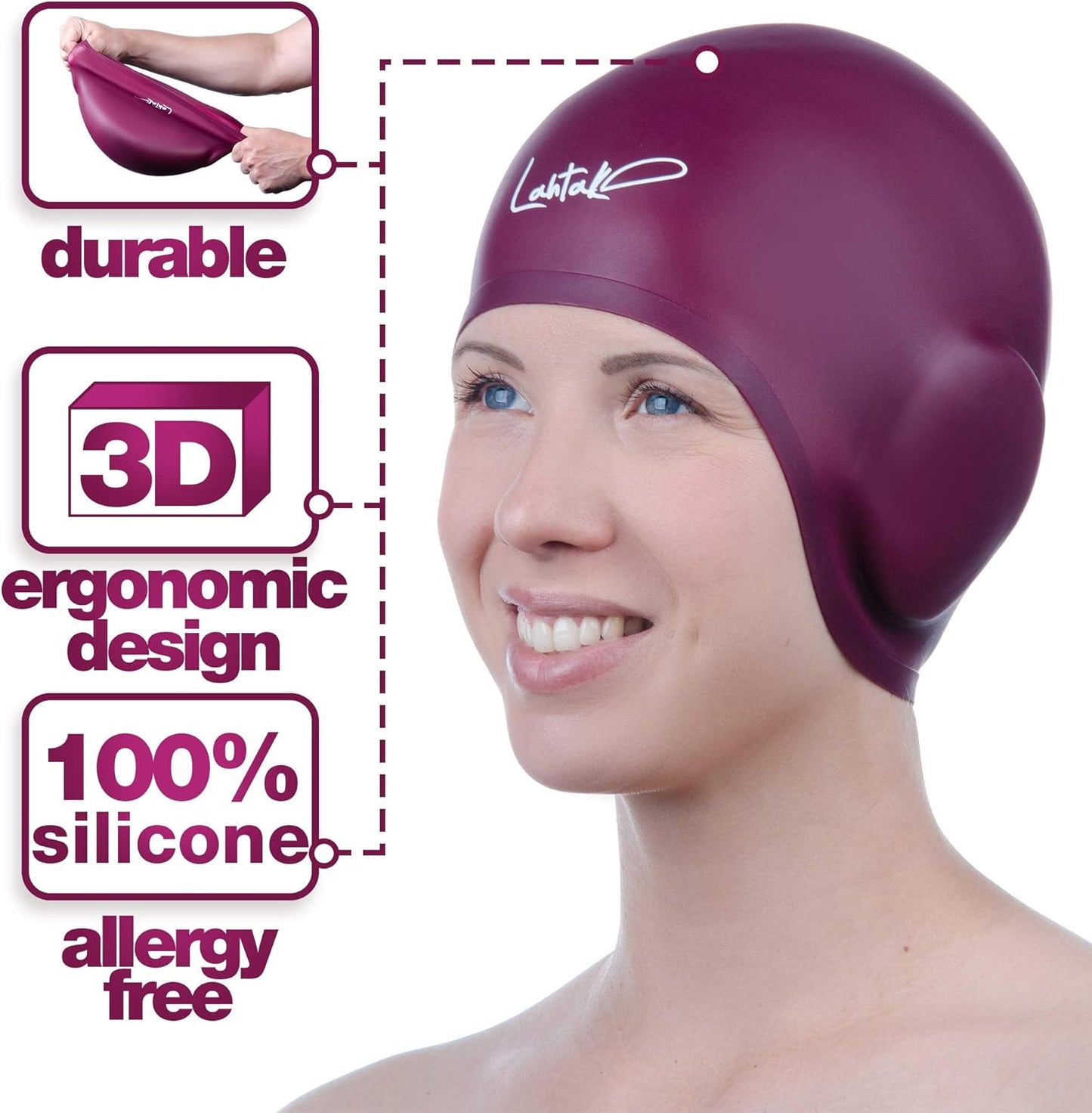3D Swim Caps - Ear Protection Swimming Cap for Women & Men - Silicone, Waterproof - Fits Long & Short Hair - Adult & Youth