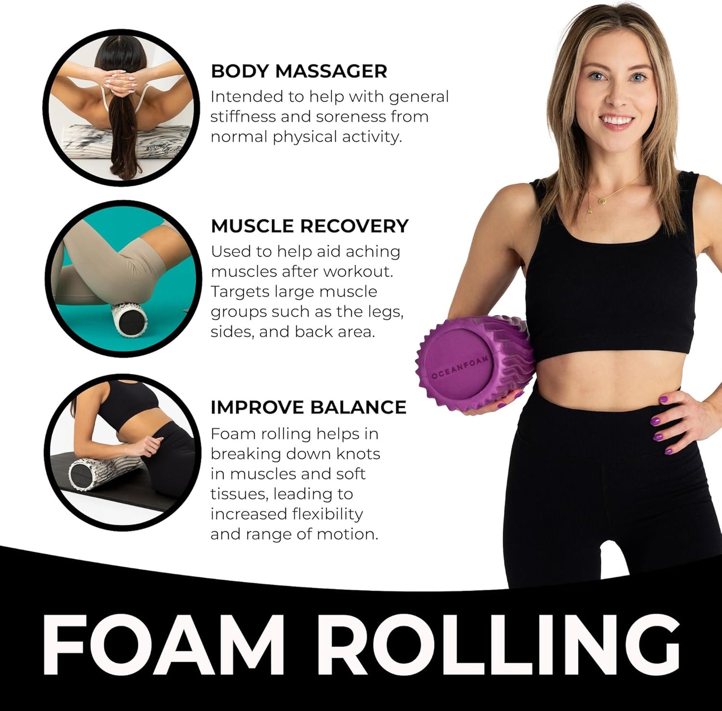 Oceanfoam Tidal Roller - Magenta - Muscle Massage Foam Roller for Back Pain & Stretching - Firm and Ergonomic Wide Wave Textured - Yoga, Athletics, & Wellness - Full Size, 20" x 5"