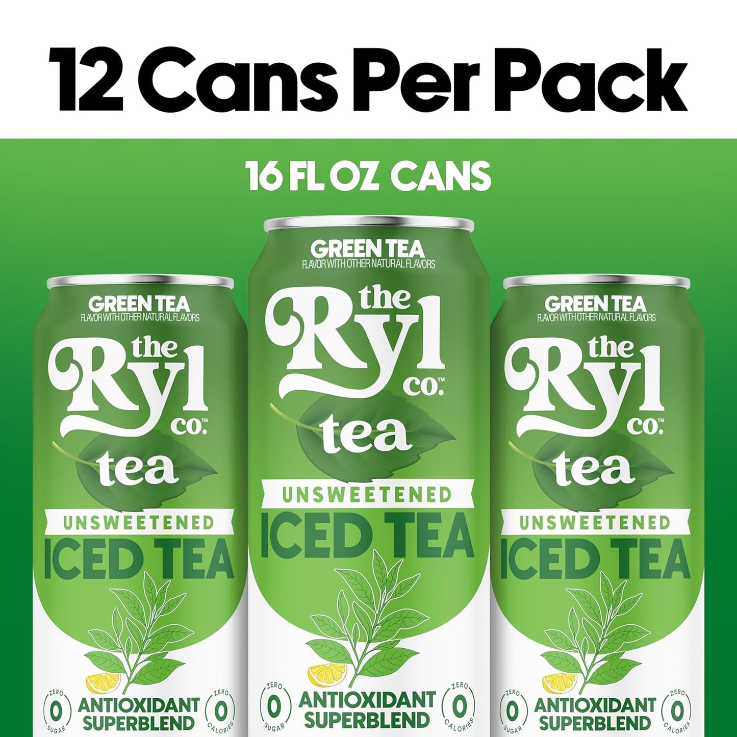 Ryl Unsweetened Green Iced Tea – Antioxidant Superblend, No Artificial Ingredients, Zero Sugar, Zero Calorie, Low Carb, Non-GMO, Kosher, Gluten Free, Made in the USA, 12-Pack, 16 Fl Oz