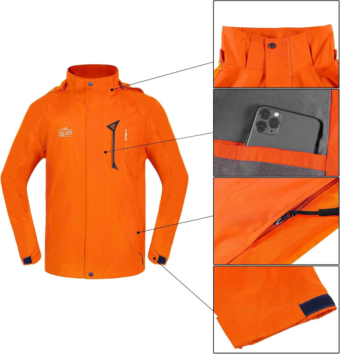 TEZO Mens Rain Jacket Waterproof with Hooded Hiking Coat Lightweight Windbreaker