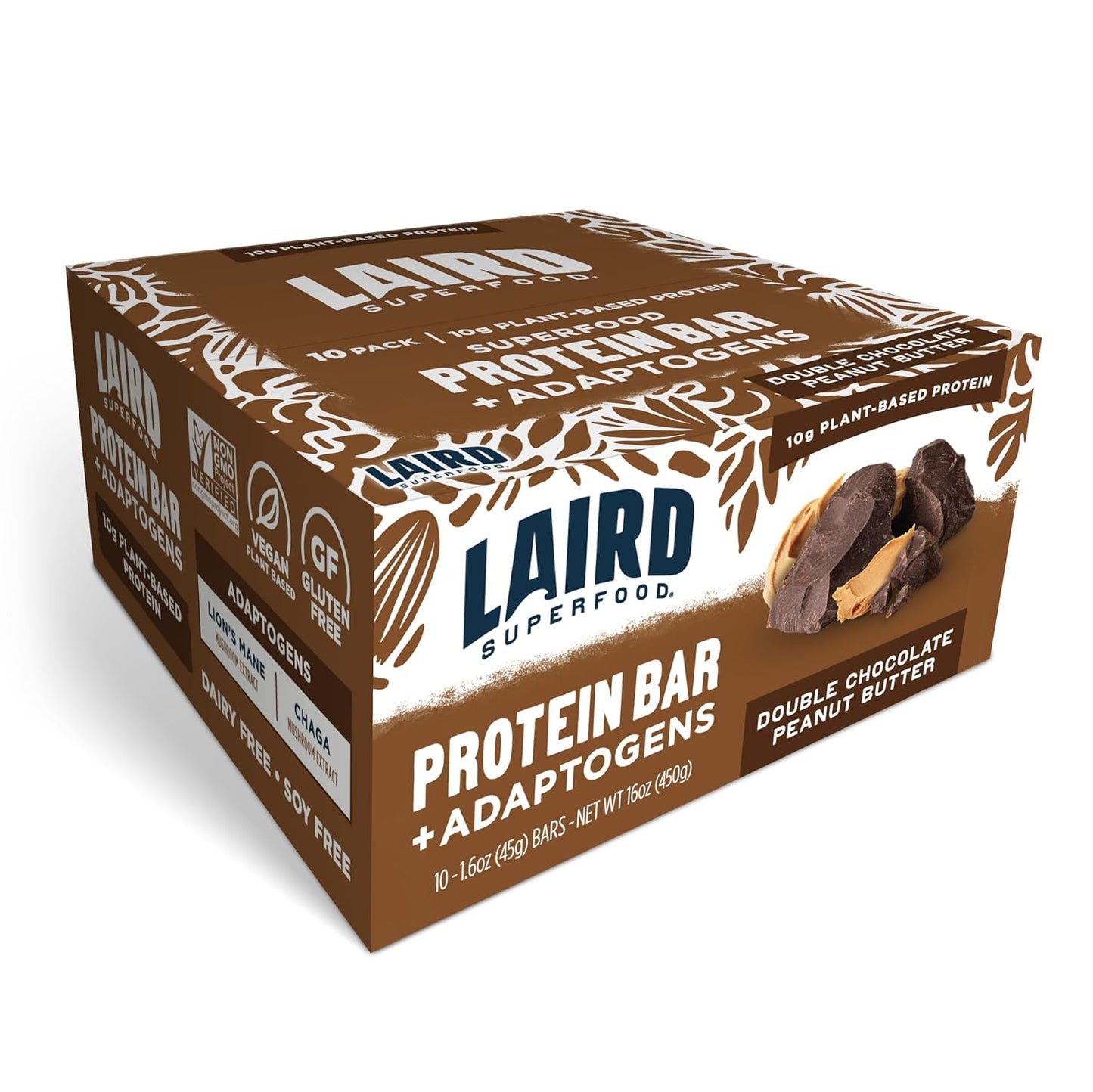 Laird Superfood Functional Protein Bars, Protein Bar but Better with Real Ingredients, Functional Mushrooms 10g Plant-Based Protein, 6g Fiber, Double Chocolate Peanut Butter, 10 Count (Pack of 1)