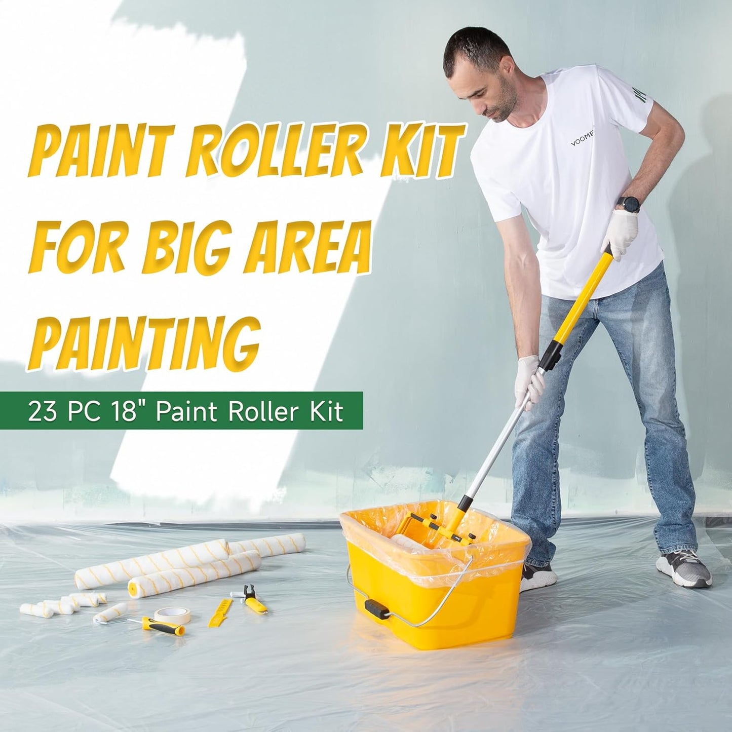 VOOMEY 23PC 18 Inch Paint Roller Kit,18" Paint Bucket, Small Paint Roller Set,Microfiber Paint Roller Covers,Paint Roller Extension Pole,Makes Working on Your Large Painting Projects Easy and Fast