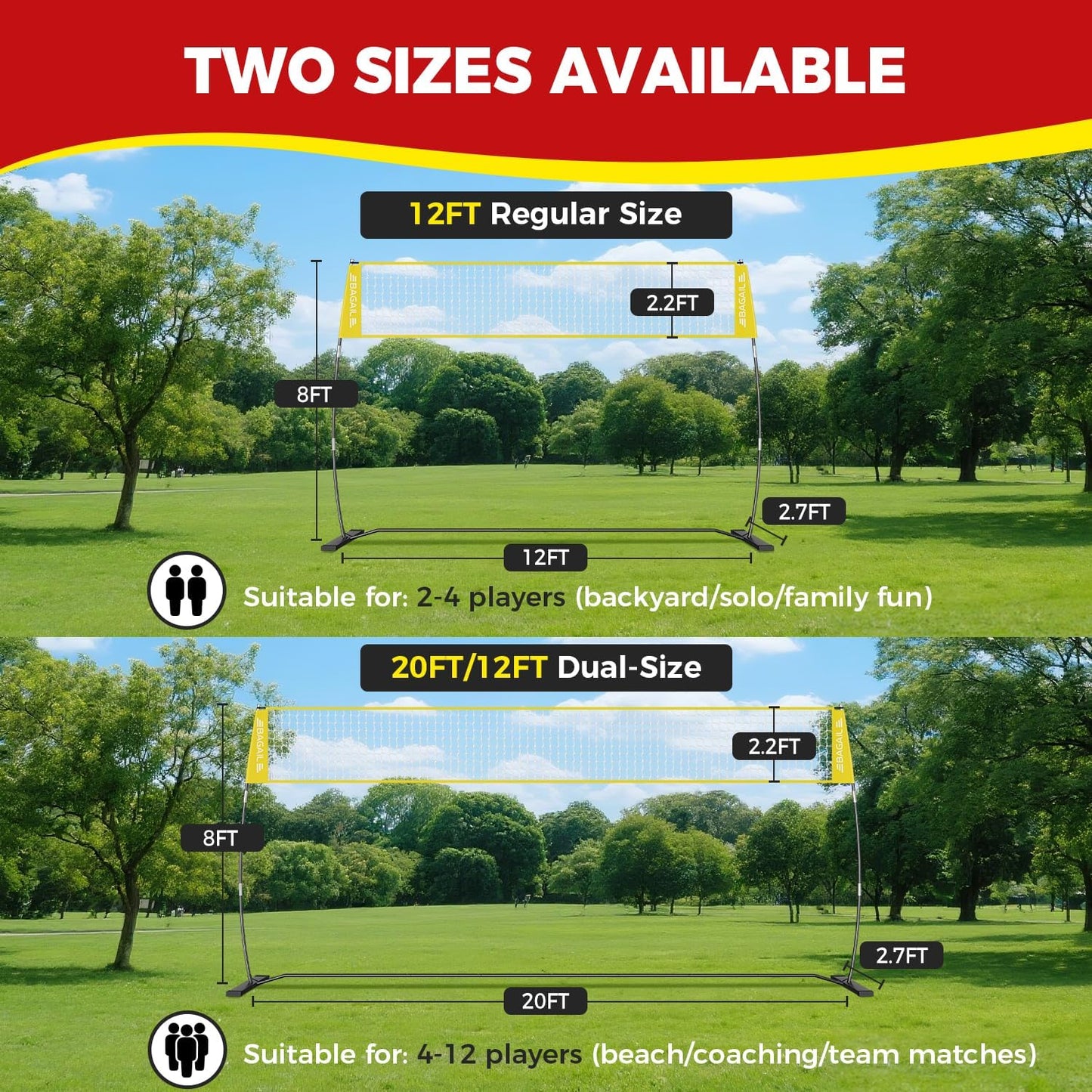 BAGAIL Volleyball Net, 12ft/20ft Portable Volleyball Net for Backyard - Adjustable Height, Heavy-Duty Frame, Freestanding Design - Portable Outdoor/Indoor Volleyball Set with Carry Bag