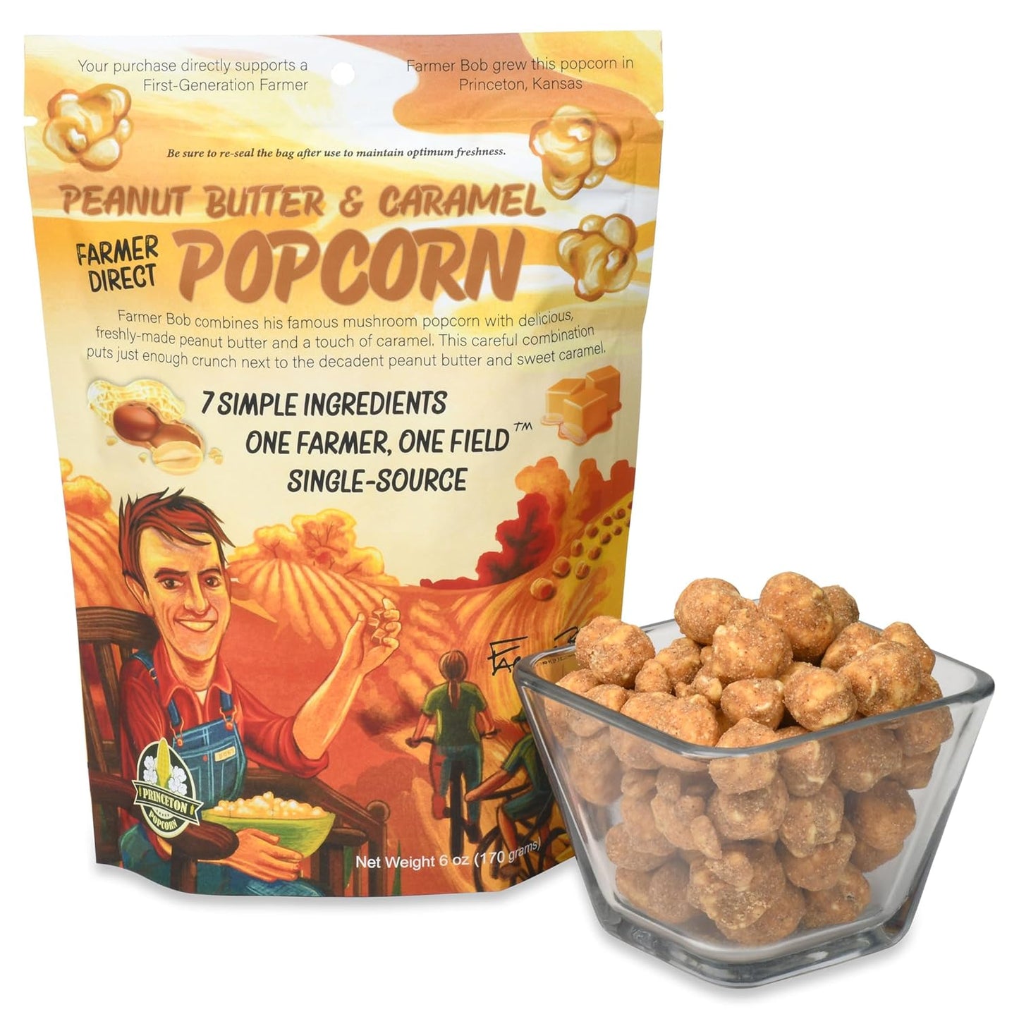 Gourmet Popcorn Bags, Peanut Butter Caramel Corn, Vegan, Gluten Free, Non-GMO, 7 Ingredient, Healthy Resealable Snack, 6oz Bag, Perfect Snacks for Adults, Peanut Butter Pretzels Flavor Farmer Direct - PuffyCrunch by Princeton Popcorn USA Made