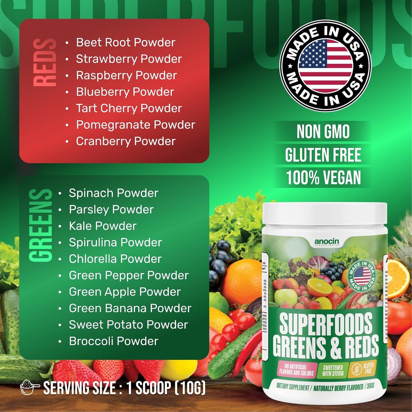 Superfood Greens Powder, Digestive Enzymes with Probiotics + Prebiotics, Gut Health, Bloating Relief for Women, Chlorella, Green Juice Mix with Beet Root Powder