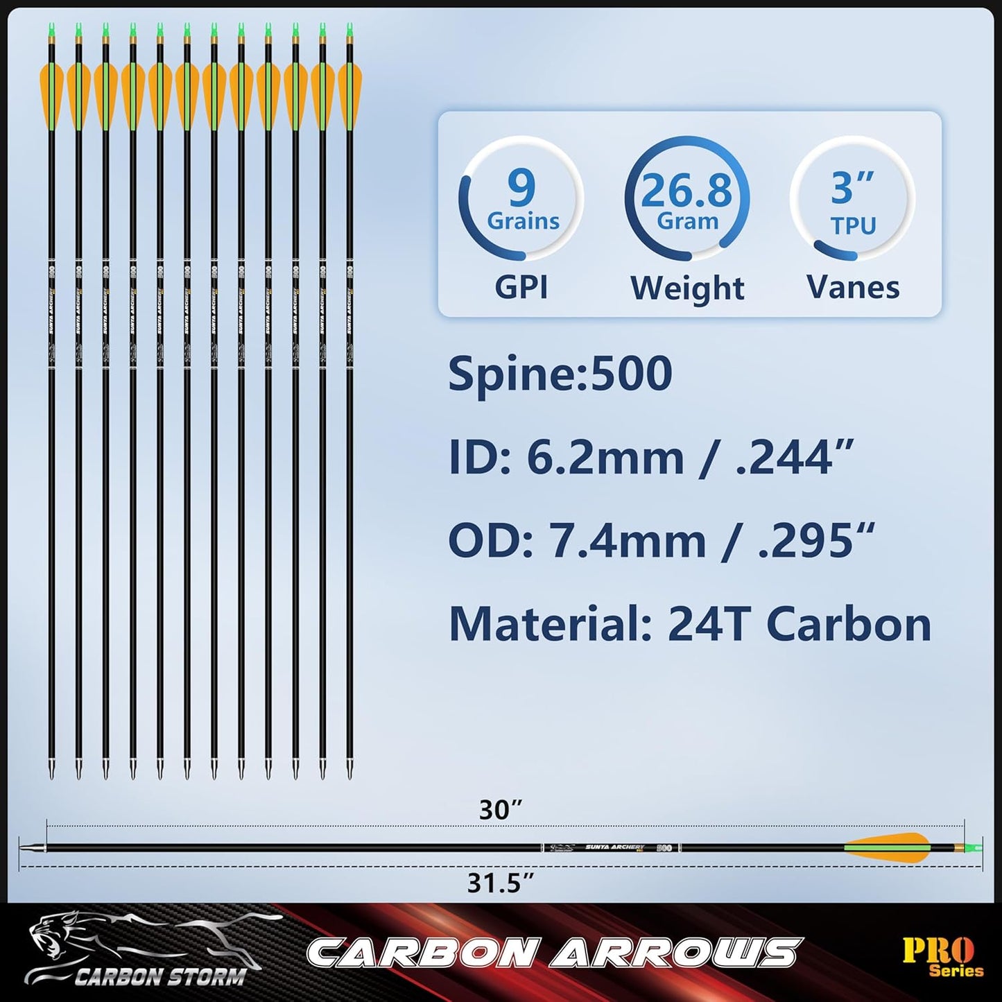 SUNYA 12-Pack 30 Inch Carbon Arrows Spine 500 or 400 for 40-60 LBS Bows｜Switch to Recurve/Compound Modes, Anti-Loose O-Ring & TPU Vanes for Hunting/Target Practice