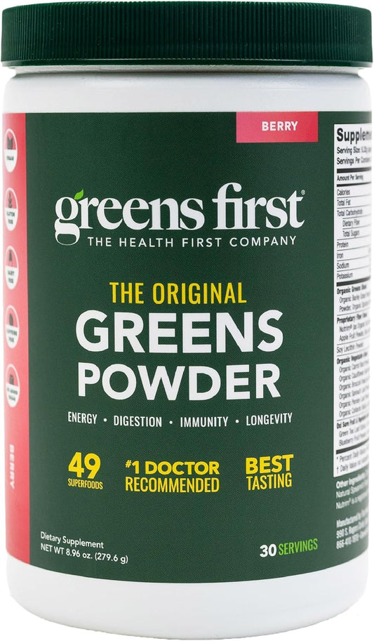 Greens First Original Greens Powder - 49 Superfoods - Organic Fruits & Veggies - Prebiotics, Probiotics & Digestive Enzymes - Antioxidant Smoothie - Dairy Free, Vegan & Non-GMO (Berry, 30 Servings)