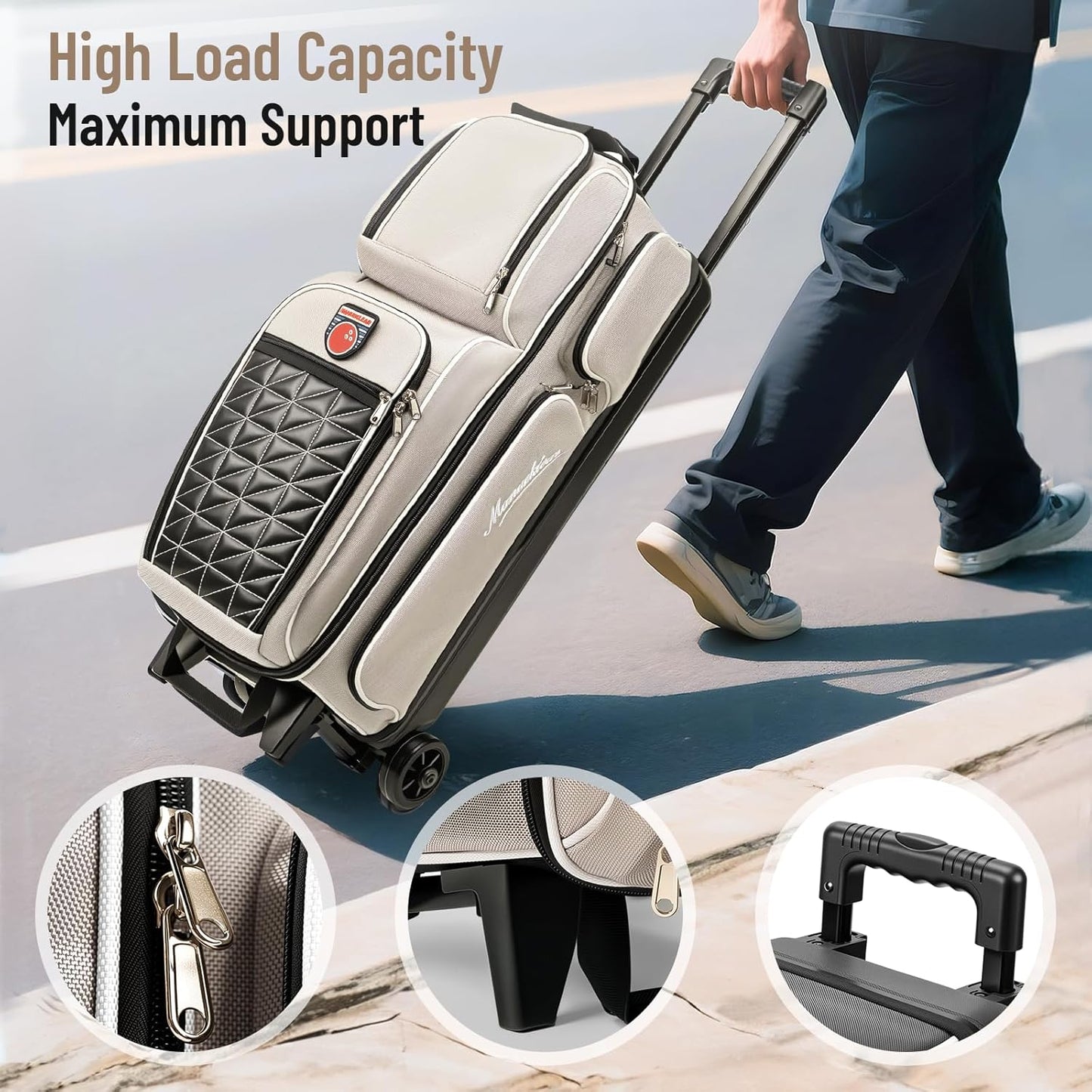 MANUEKLEAR 3 Ball Bowling Bags with Wheels, Bowling Ball Bag 3 Ball Roller with Accessory Pockets and Shoe Compartment