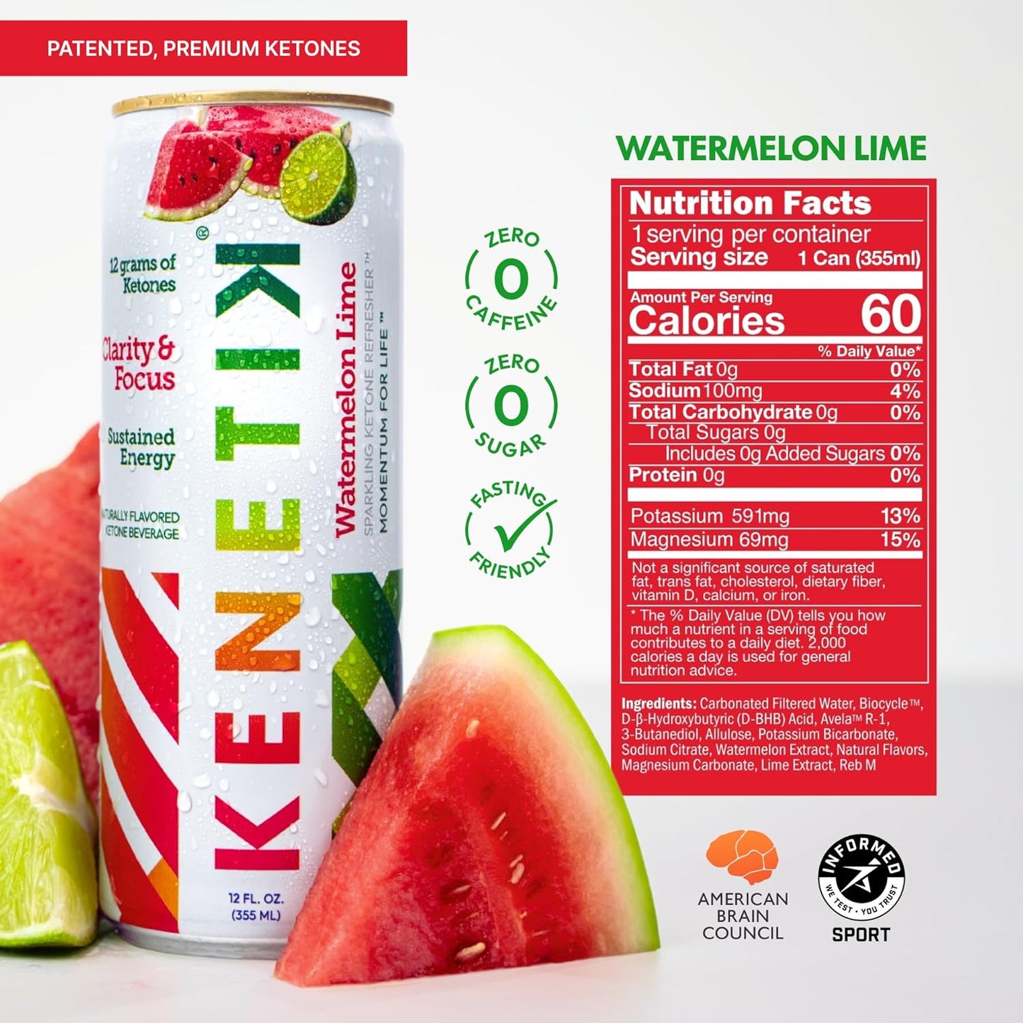 NEW! KENETIK Nootropic Ketone Drink, Ketones for Energy & Focus, Caffeine & Sugar Free, High Performance D-BHB Ketone Mix, Fuel w/Zero Crash or Jitters, Ready to Drink - Watermelon Lime 12 Pk