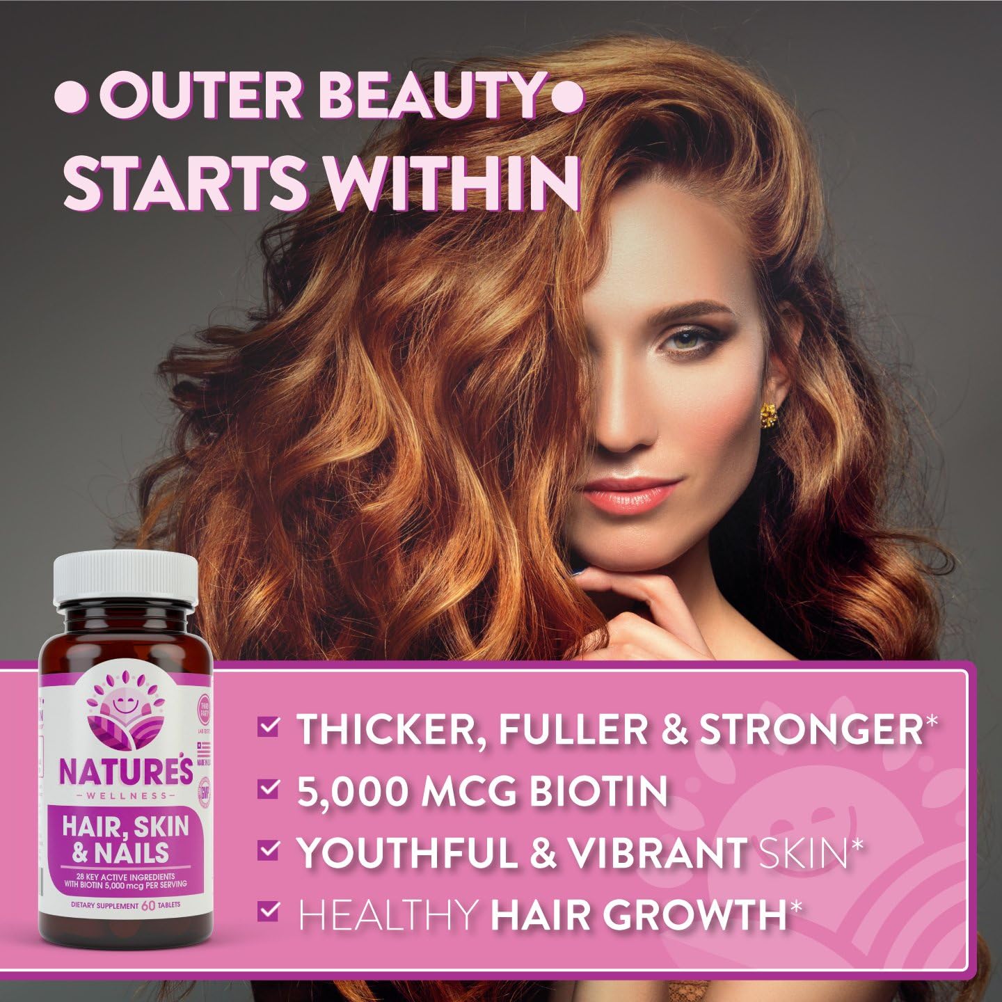 Natures Wellness Hair, Skin & Nails Essential Nourishing Supplement, 60-Count | 4000mcg Biotin + Vitamins A, C and E, B Complex Vitamins, and Advanced Nutrients per Capsule | 100% All-Natural