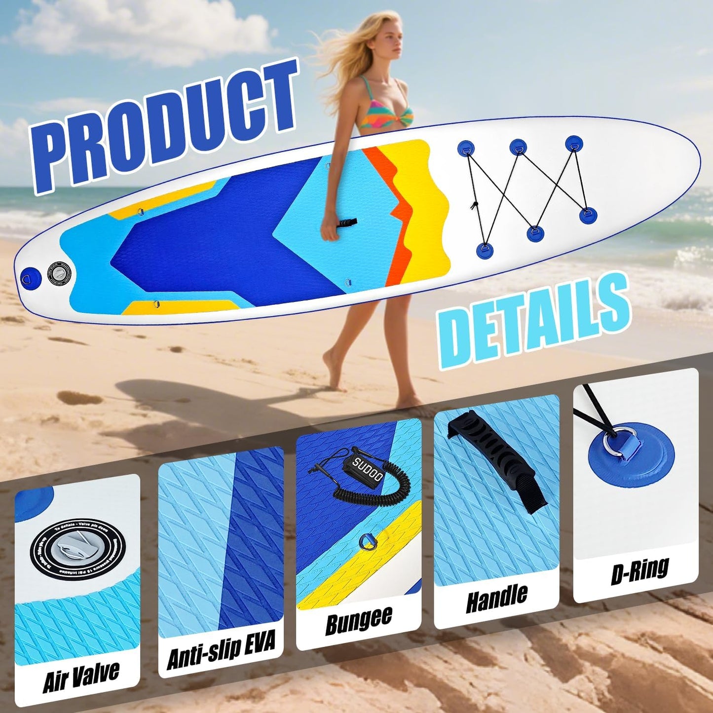 Inflatable Stand Up Paddle Board 10‘x30‘‘- Ultra-Light SUP with Backpack, Pump, Paddle, Coil Leash, 3 Fins, Repair Kit, Stable Design, Non-Slip EVA Deck for Adults & Youth