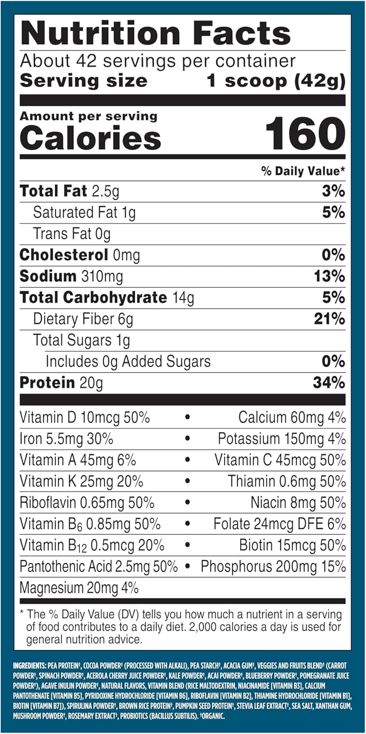 Vega All in One Nutrition Organic - 20g Plant-Based Pea Protein, Chocolate, 42 Servings, Vitamins A & C, Probiotics, Greens, Vegan, Keto, Gluten Free, 61.8oz (Packaging May Vary)