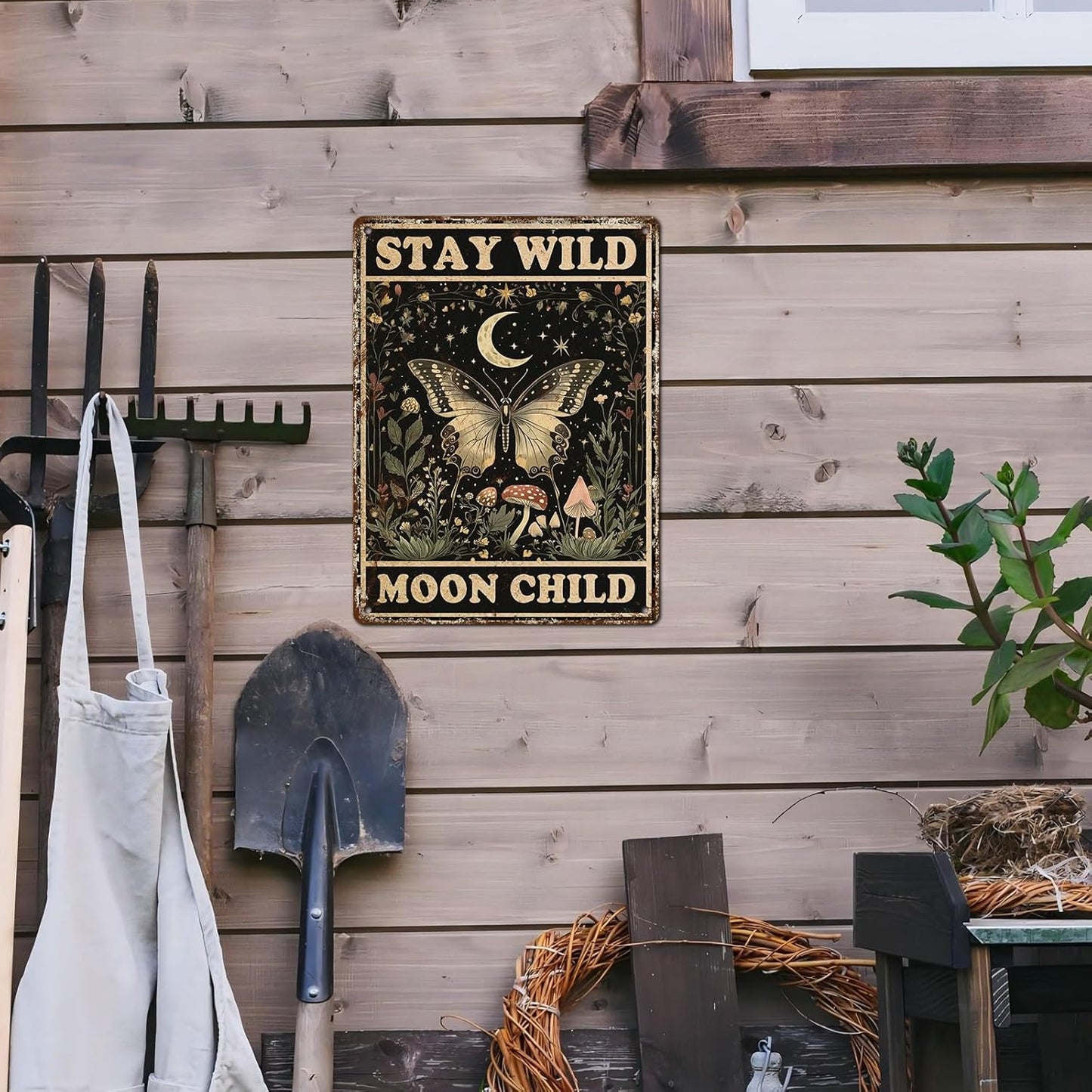 Vintage Tin Sign Butterfly Stay Wild Moon Tin Sign Retro Wall Decor for Home Office Room Wall Decor Poster 12 * 16inch