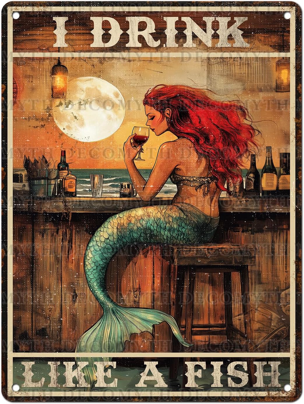 Vintage Mermaid Tin Sign I Drink Like A Fish Retro Wall Decor Decorations for Home Funny Wine Lover Nostalgic Metal Poster Indoor Store Cafe Toilet Kitchen Garden Bar Pubs Man cave 12 * 16inch