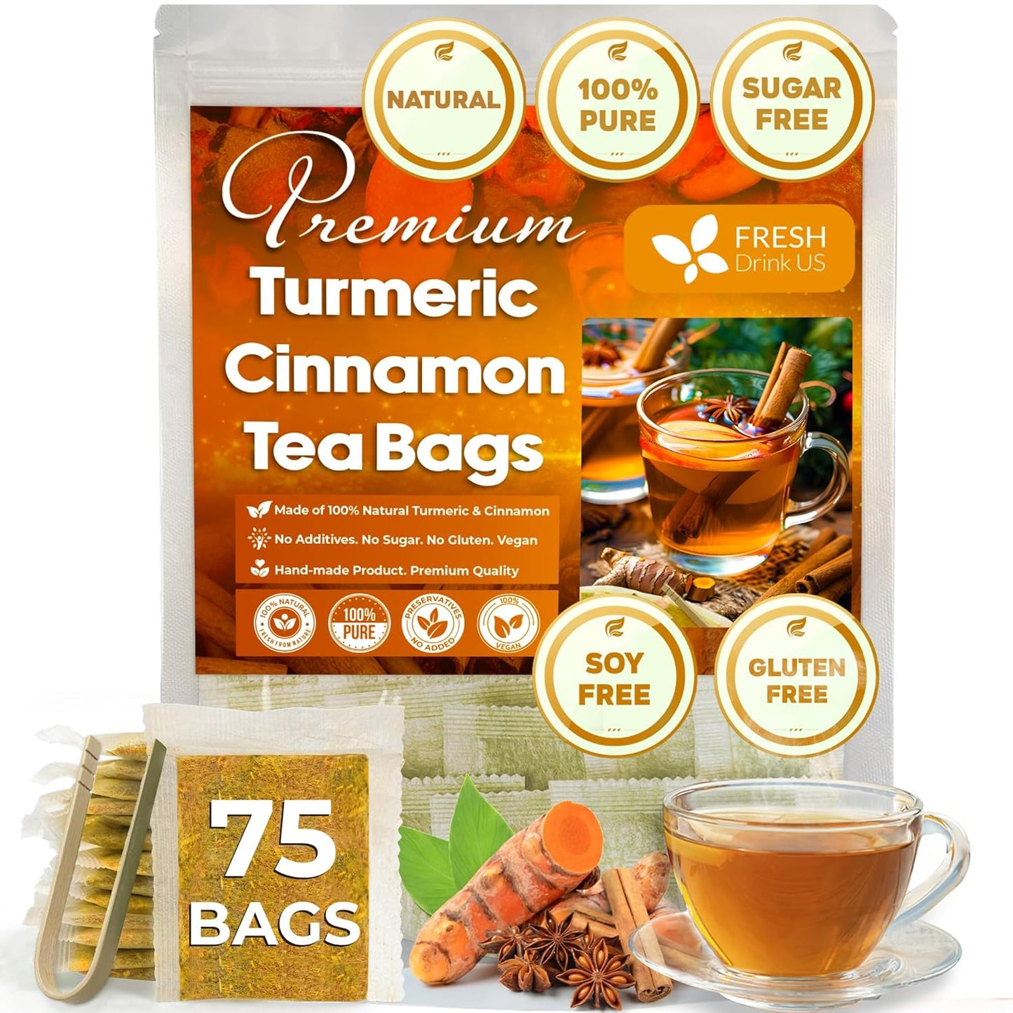 FreshDrinkUS, Premium 75 Turmeric Cinnamon Tea Bags, 100% Natural, Blend of Turmeric, and Cinnamon. Made with Natural Material Tea Bags. No Sugar. No Caffeine. Vegan.